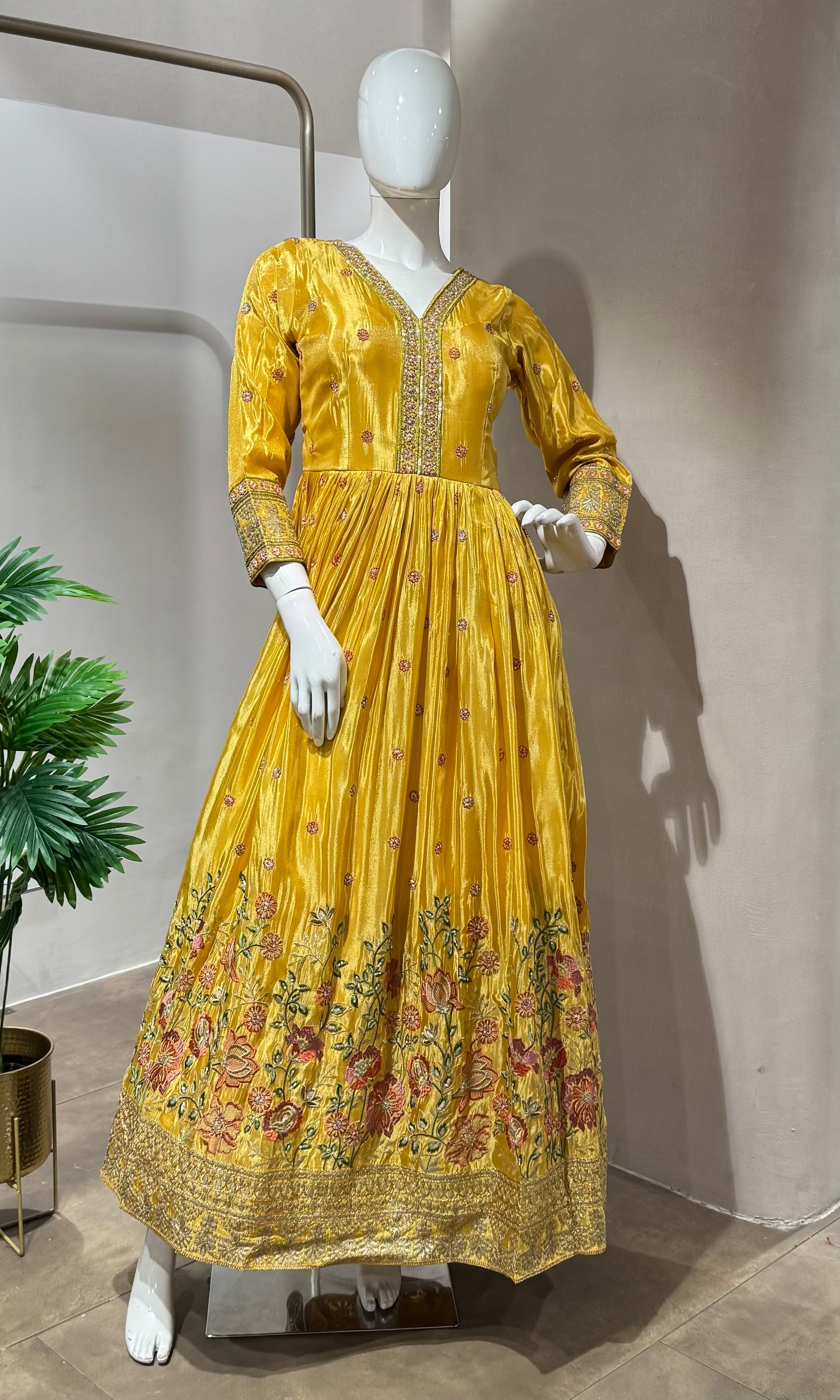YELLOW SHIMMER TISSUE EMBROIDERY ANARAKALI