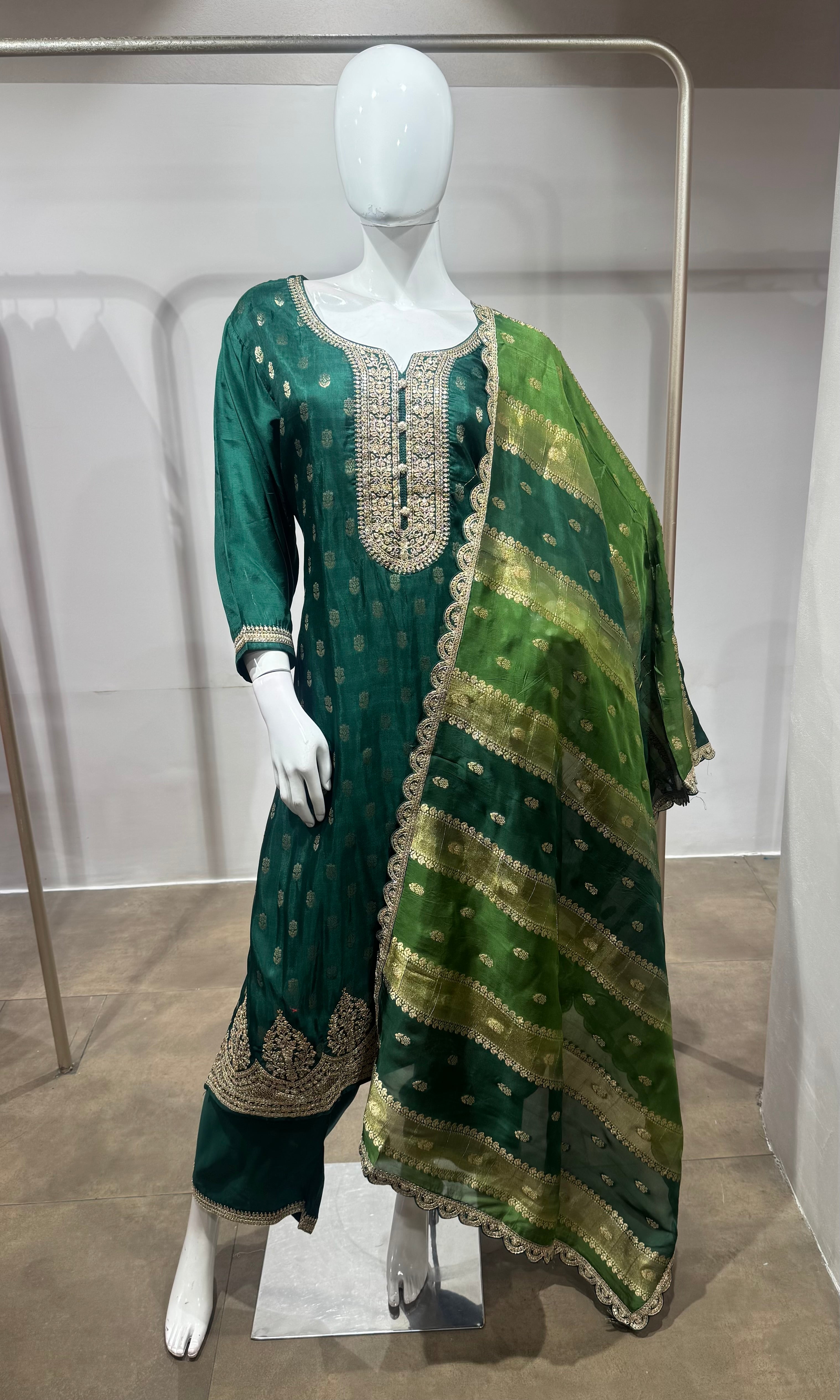 Green gold embroidered kurta set