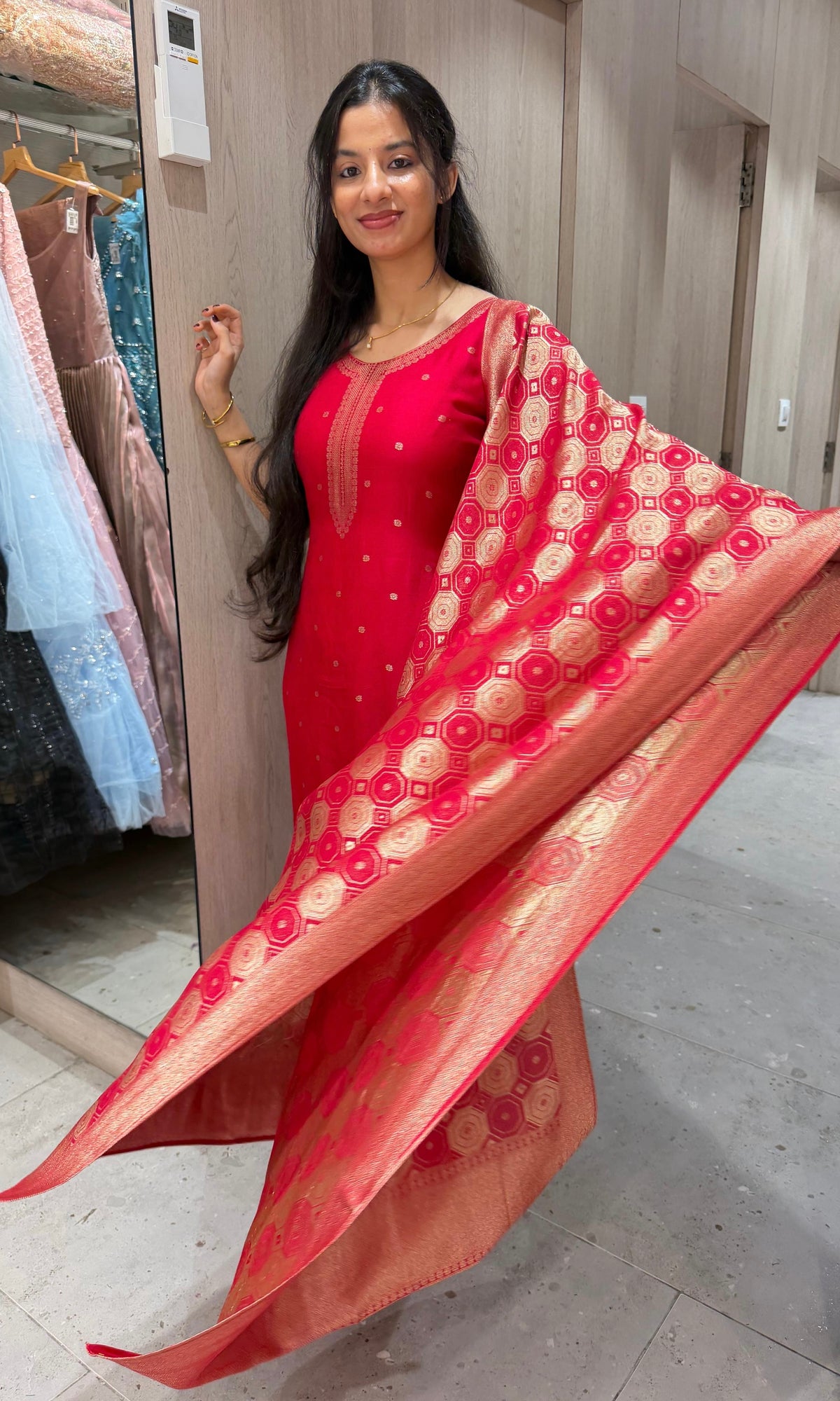 Red Banarasi silk Kurta Set with Patterned Dupatta