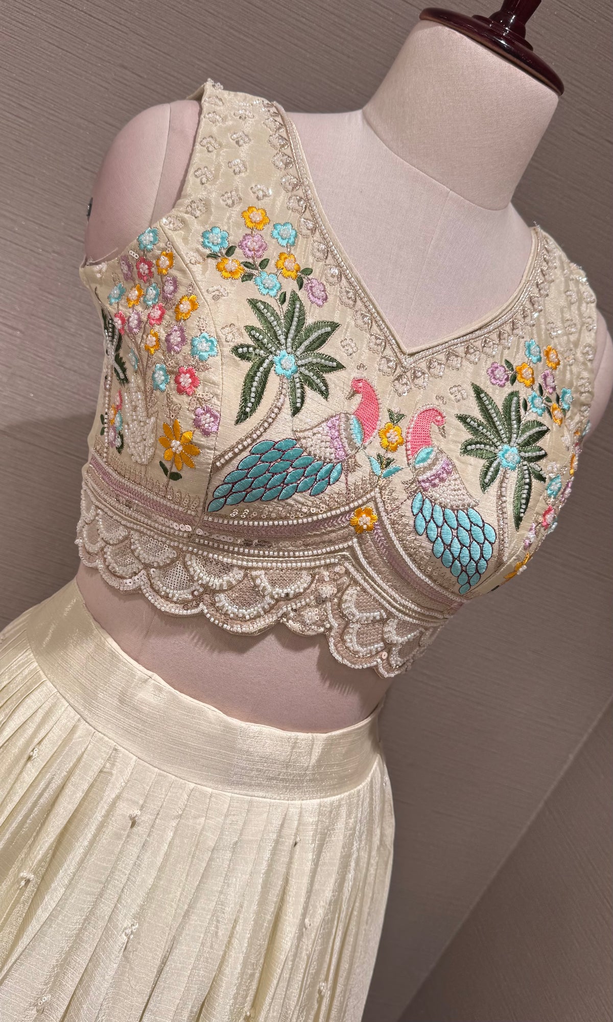 Cream Tissue silk Lehenga with Peacock & Floral Embroidery