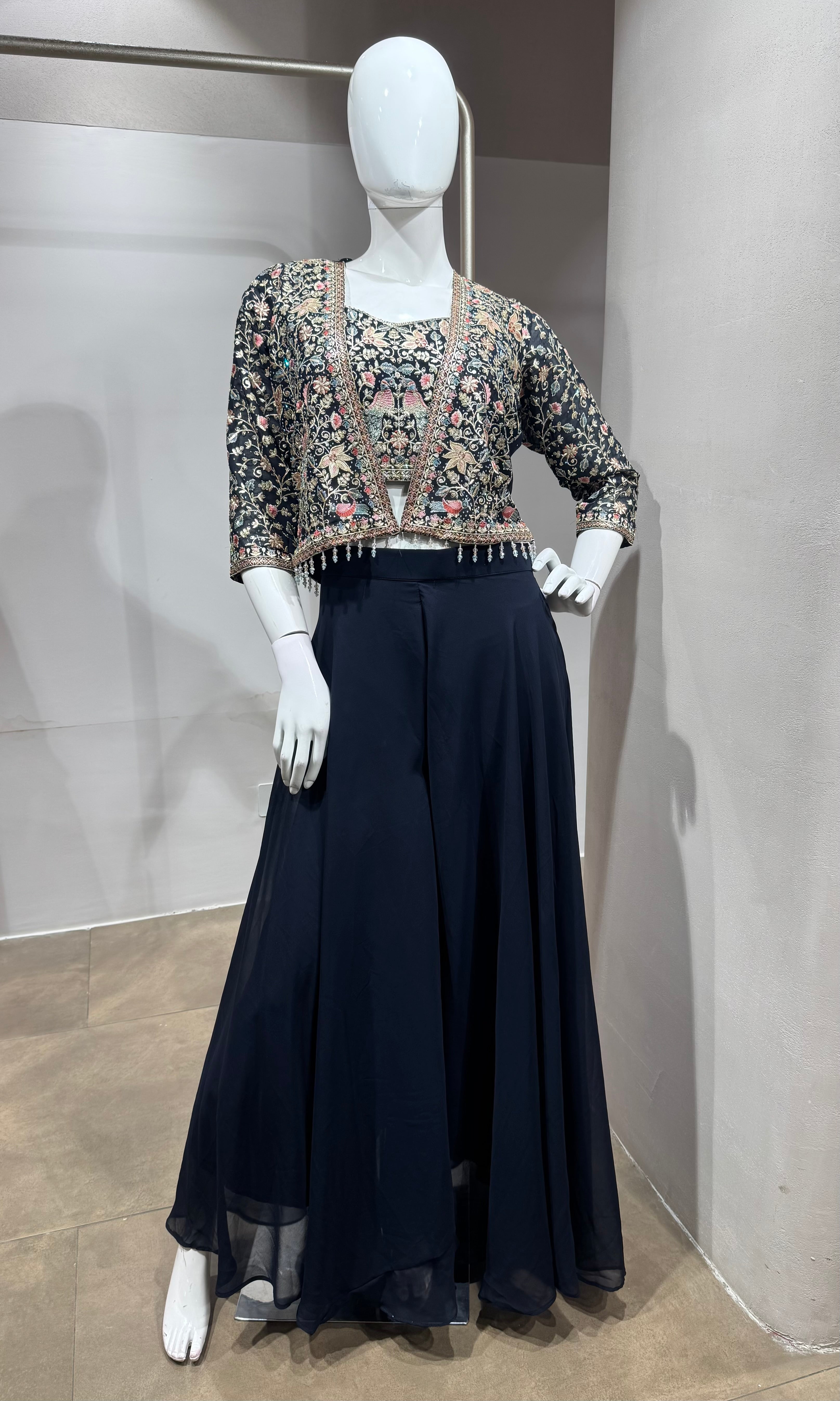 BLUE PALAZZO SET Floral Crop Top JACKET