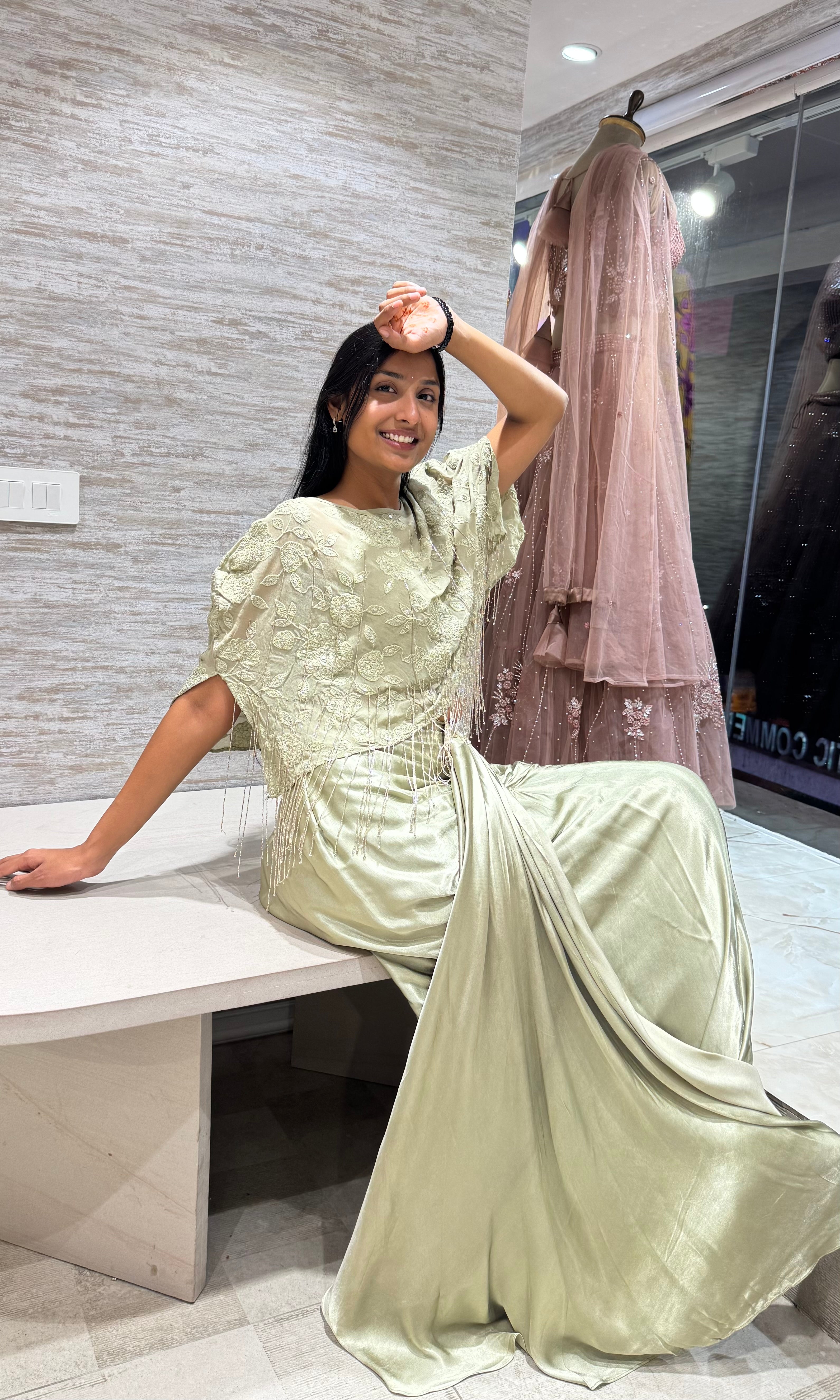 green Drape Gown With Floral Embroidered Cape