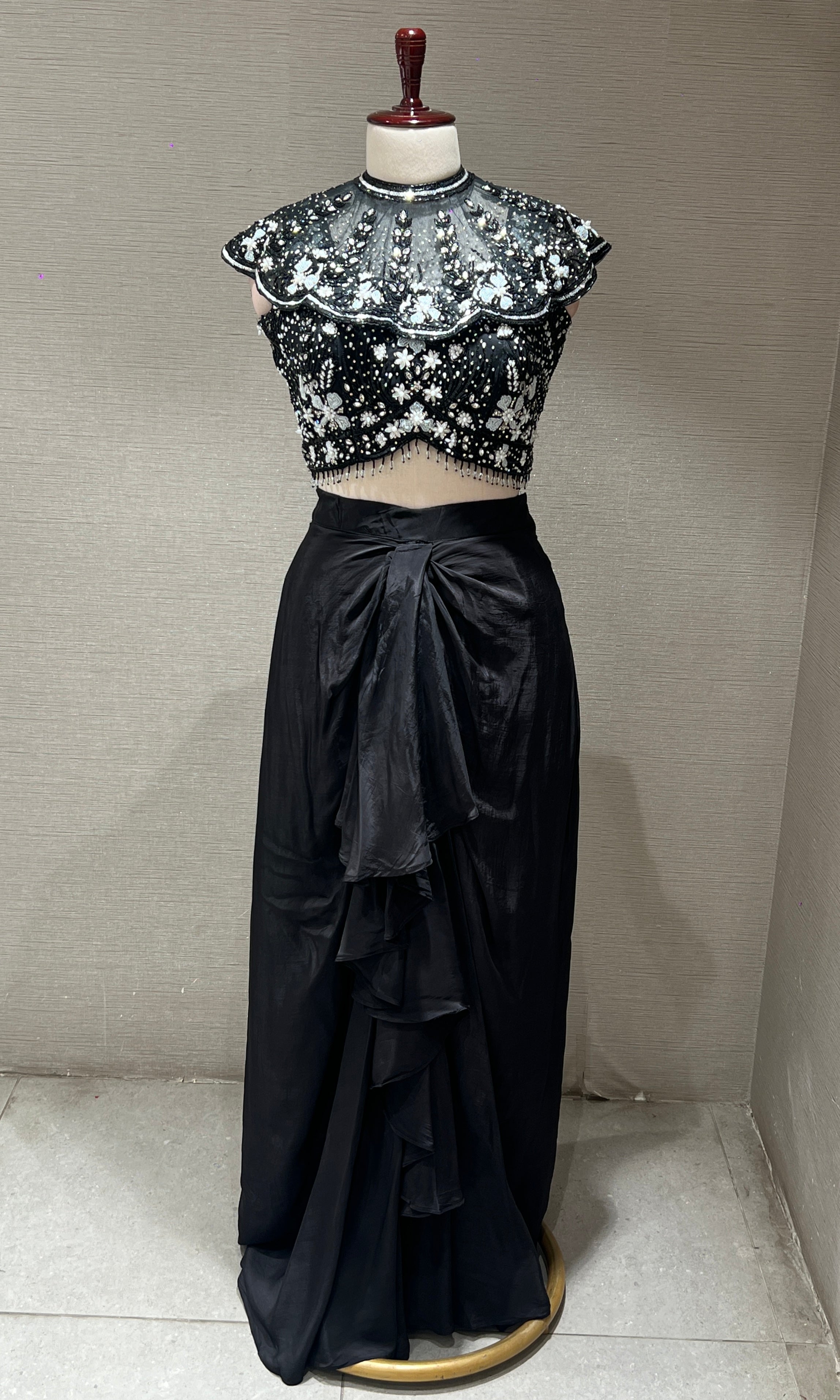 Black Crystal Sequin BLOUSE with Ruffle Drape Skirt
