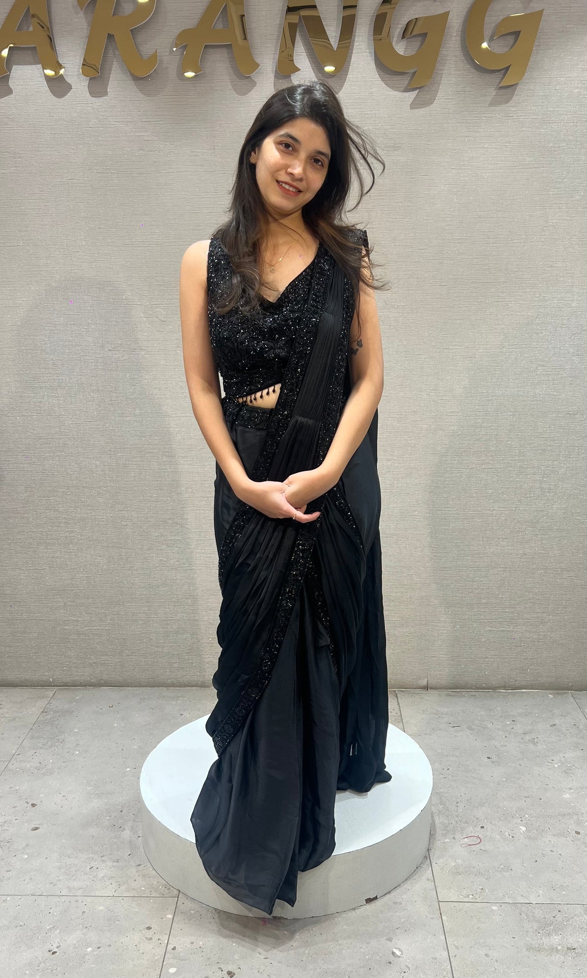 Black satin Embellished Draped Saree with Ethnic Blouse