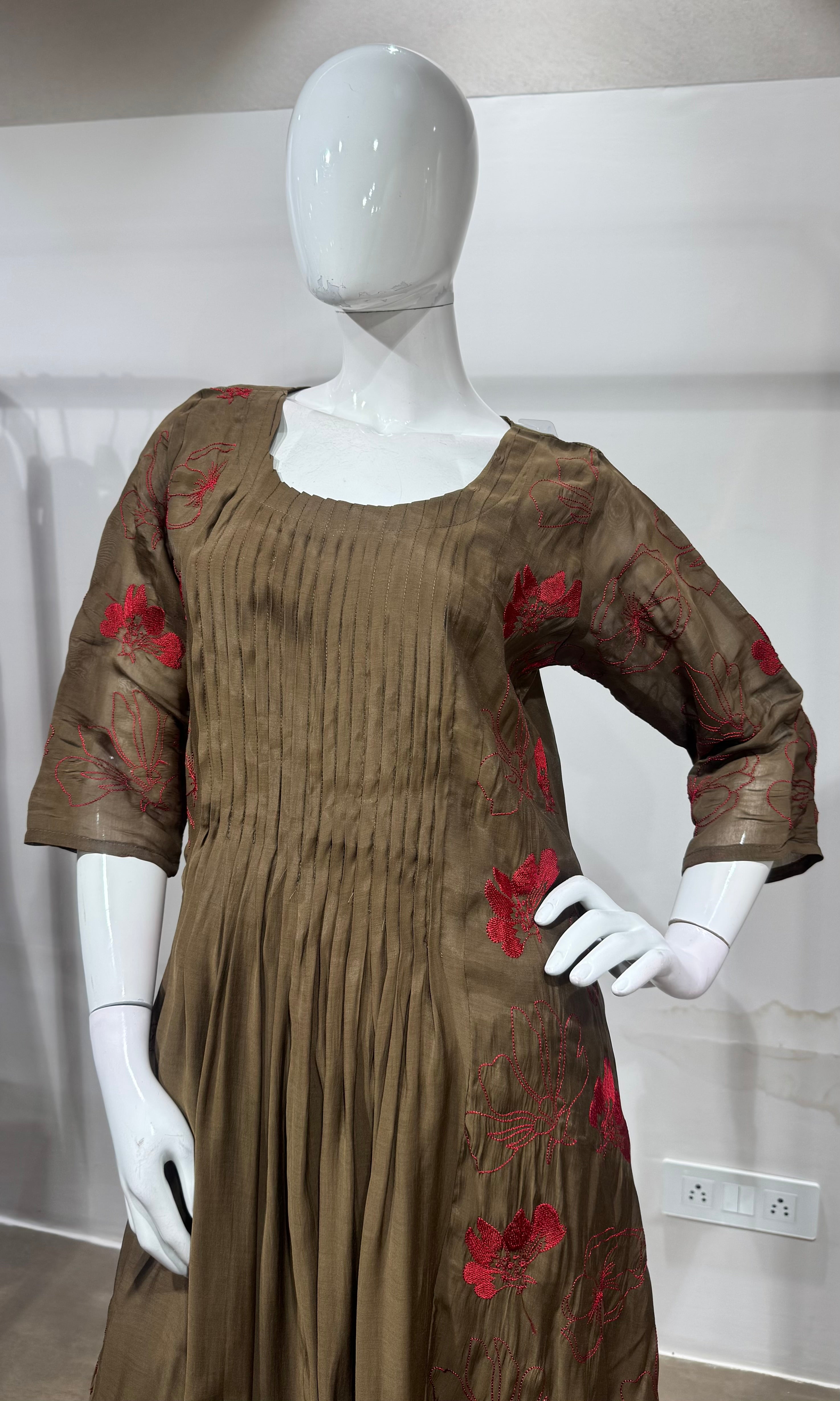 Brown Embroidered Mul Cotton Kurta Set
