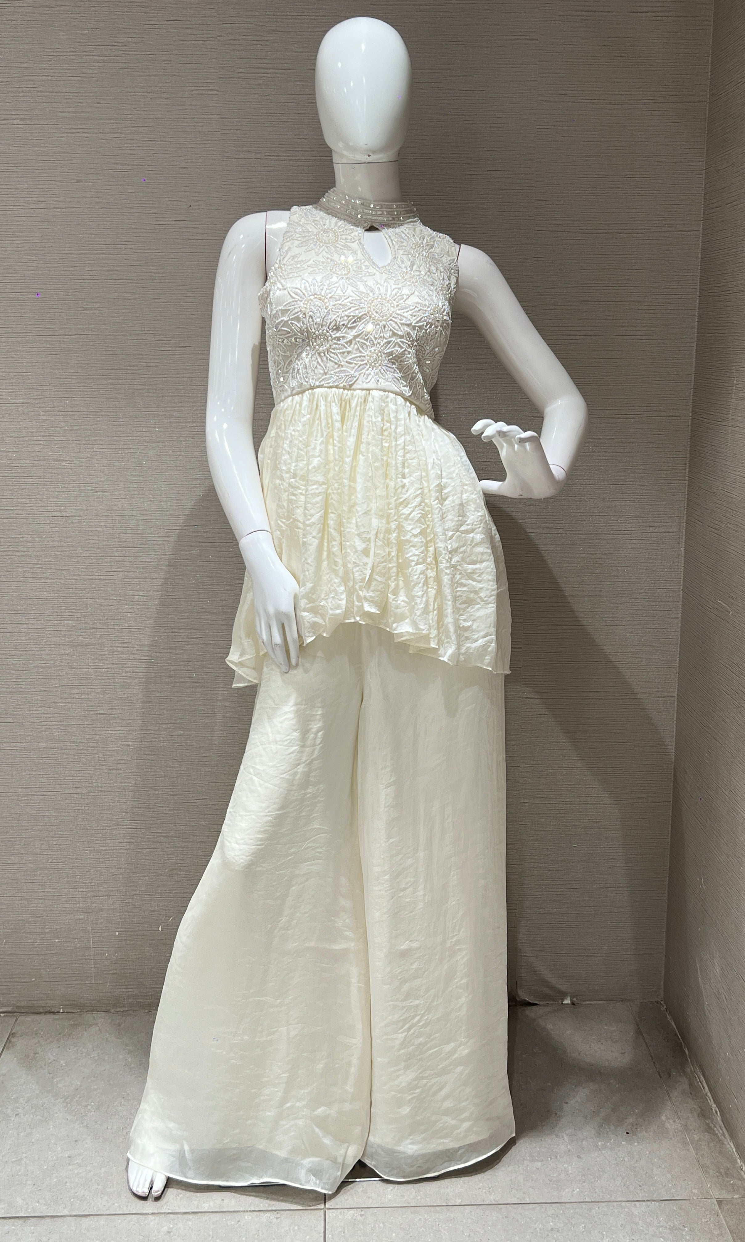 ivory white palazzo with peplum blouse