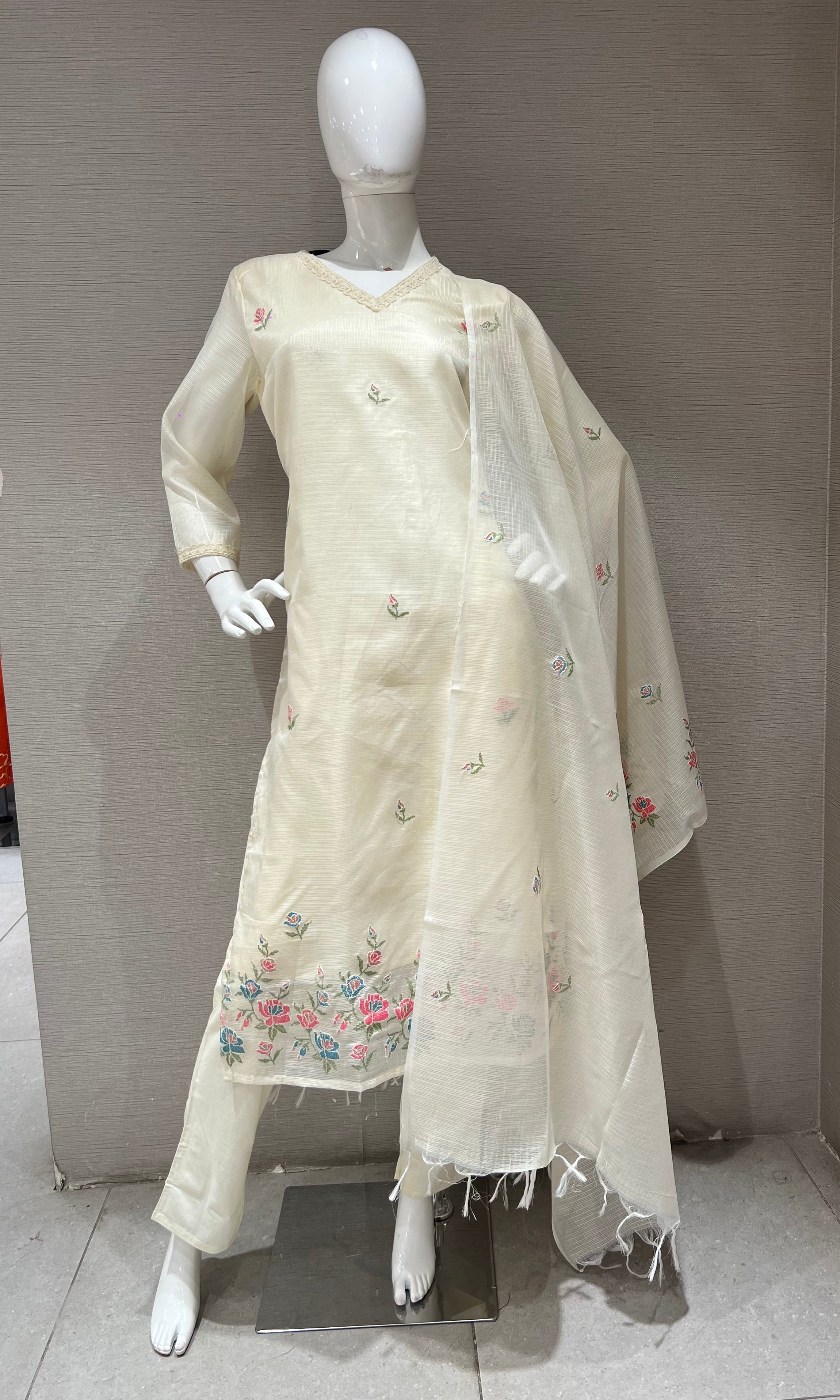Cream Blossom Chanderi Kurta Set