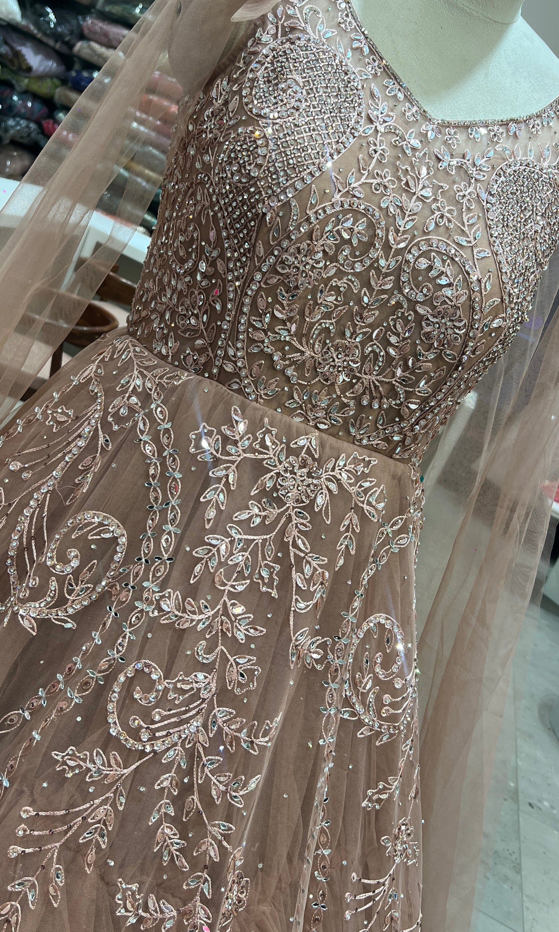 COFFEE BROWN CRYSTAL EMBROIDERY NET GOWN