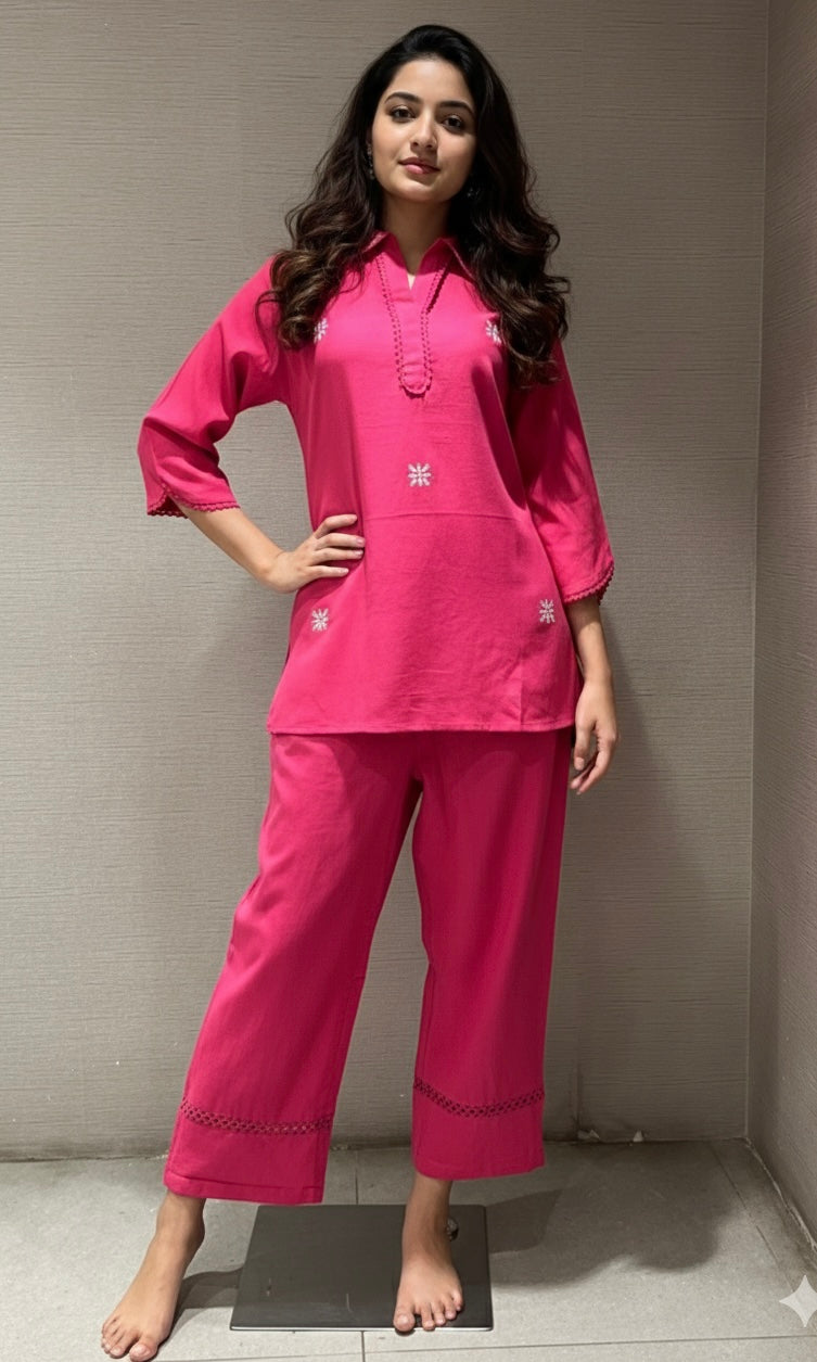 Pink Cotton Shirt Cord Set