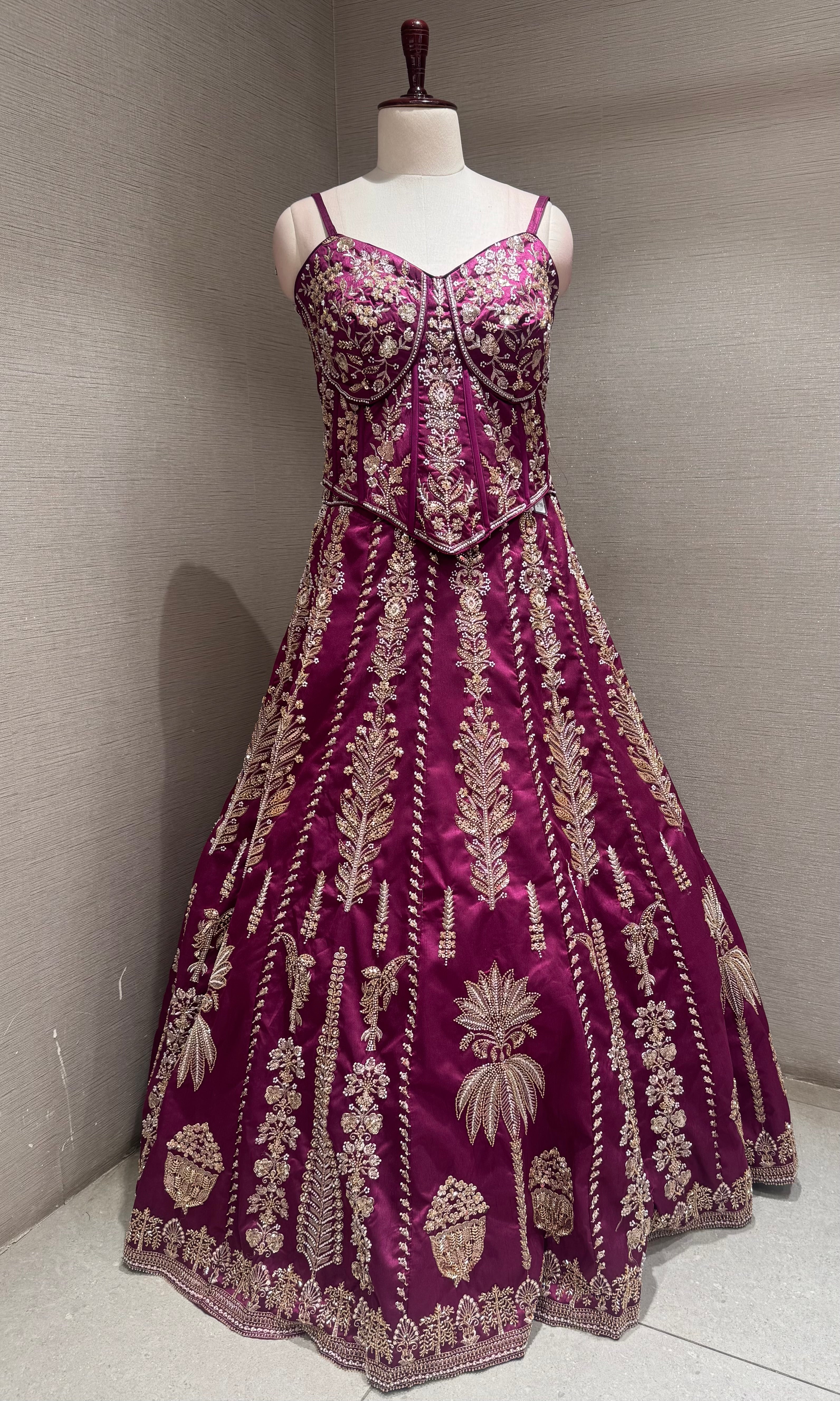 Wine embroidered peplum crop top lehenga set