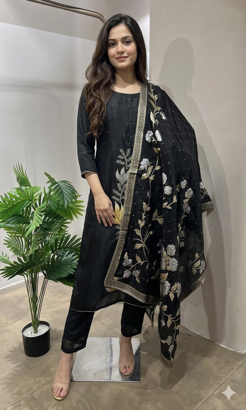 Black ETHNIC FLORAL EMBROIDERED kurta set
