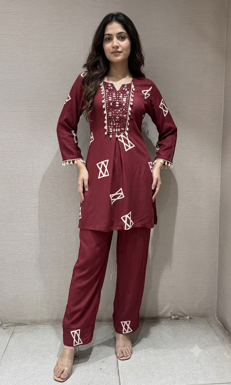 Maroon Geometric Print Ethnic Co-Ord Set
