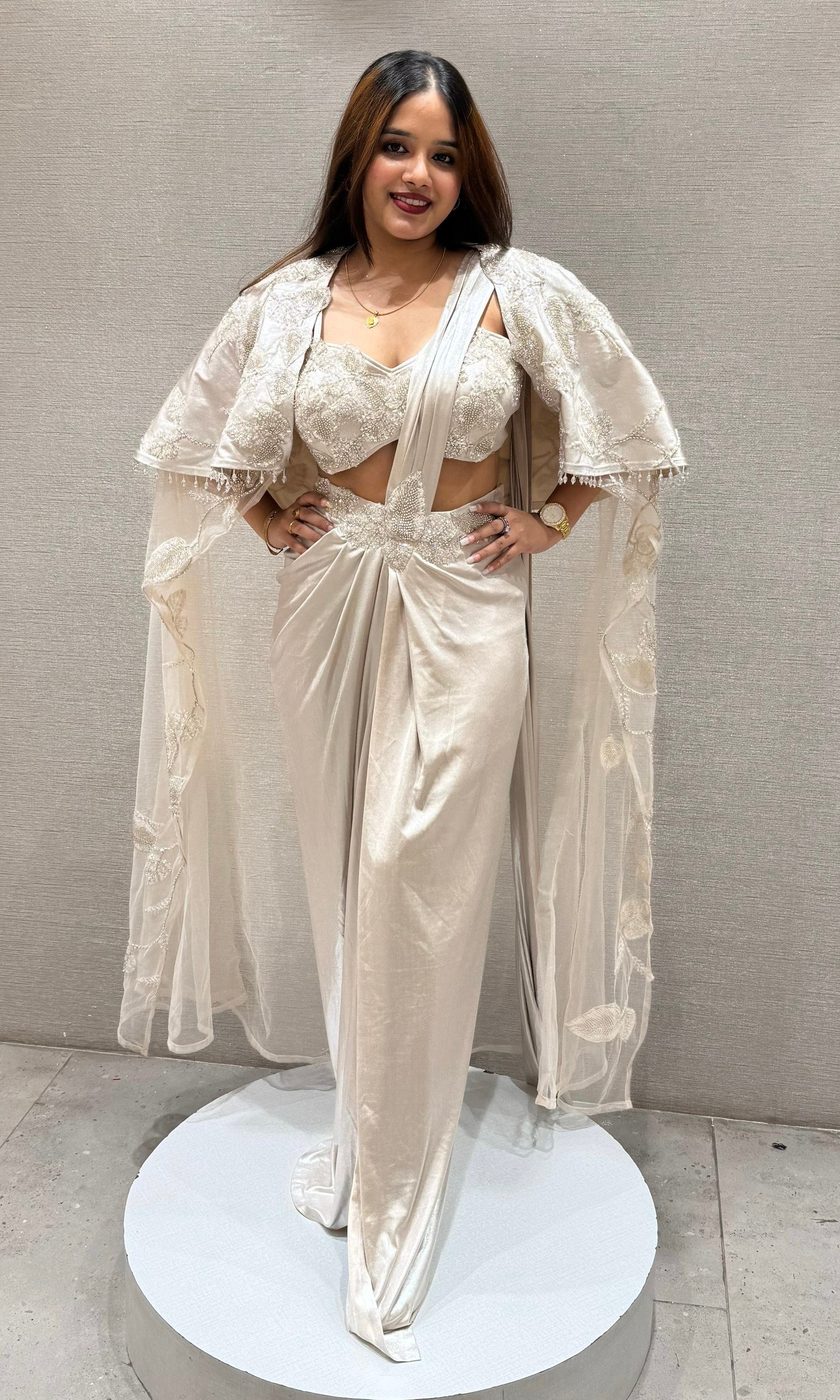 Silver one minute saree with cape