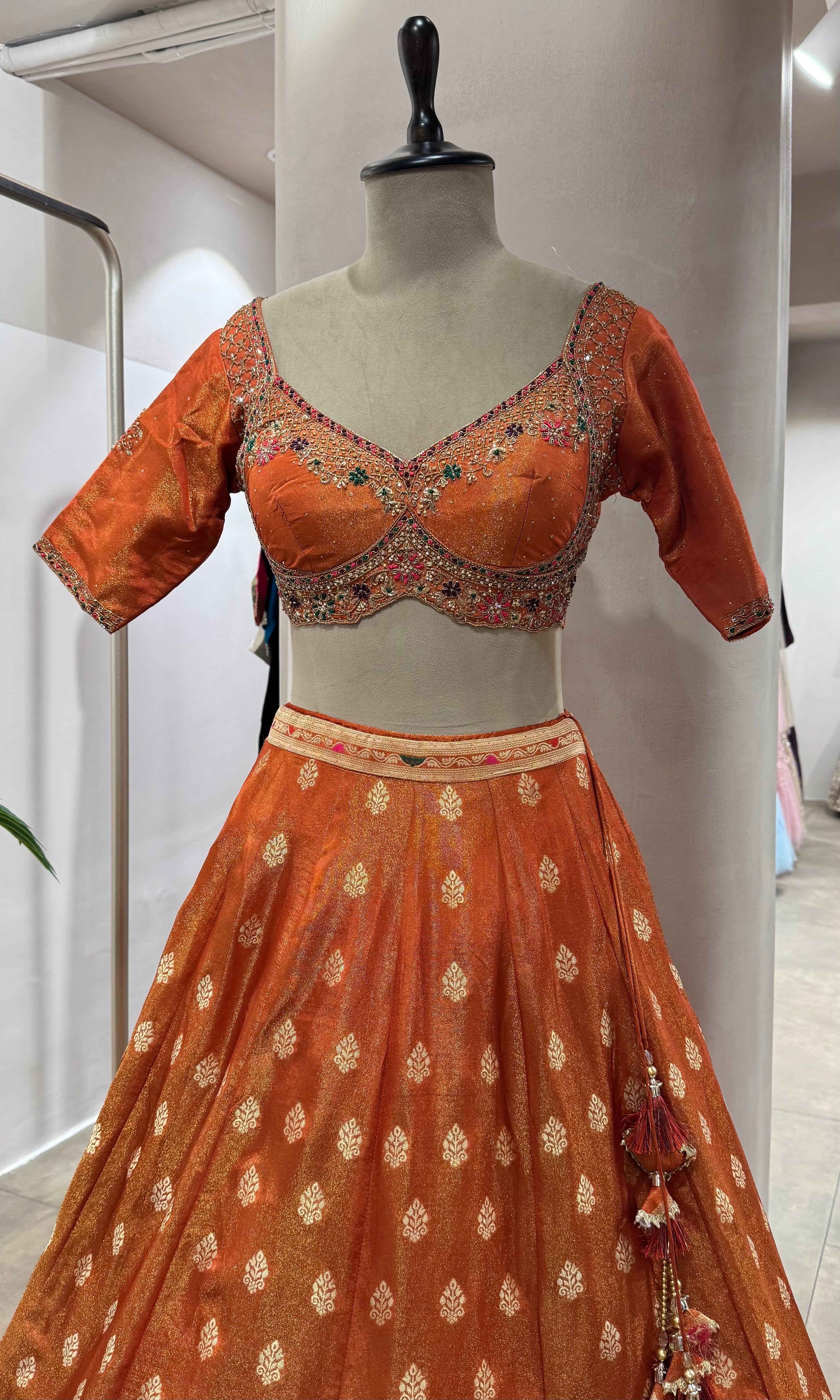 RUST BANARASI EMBROIDERED LEHENGA