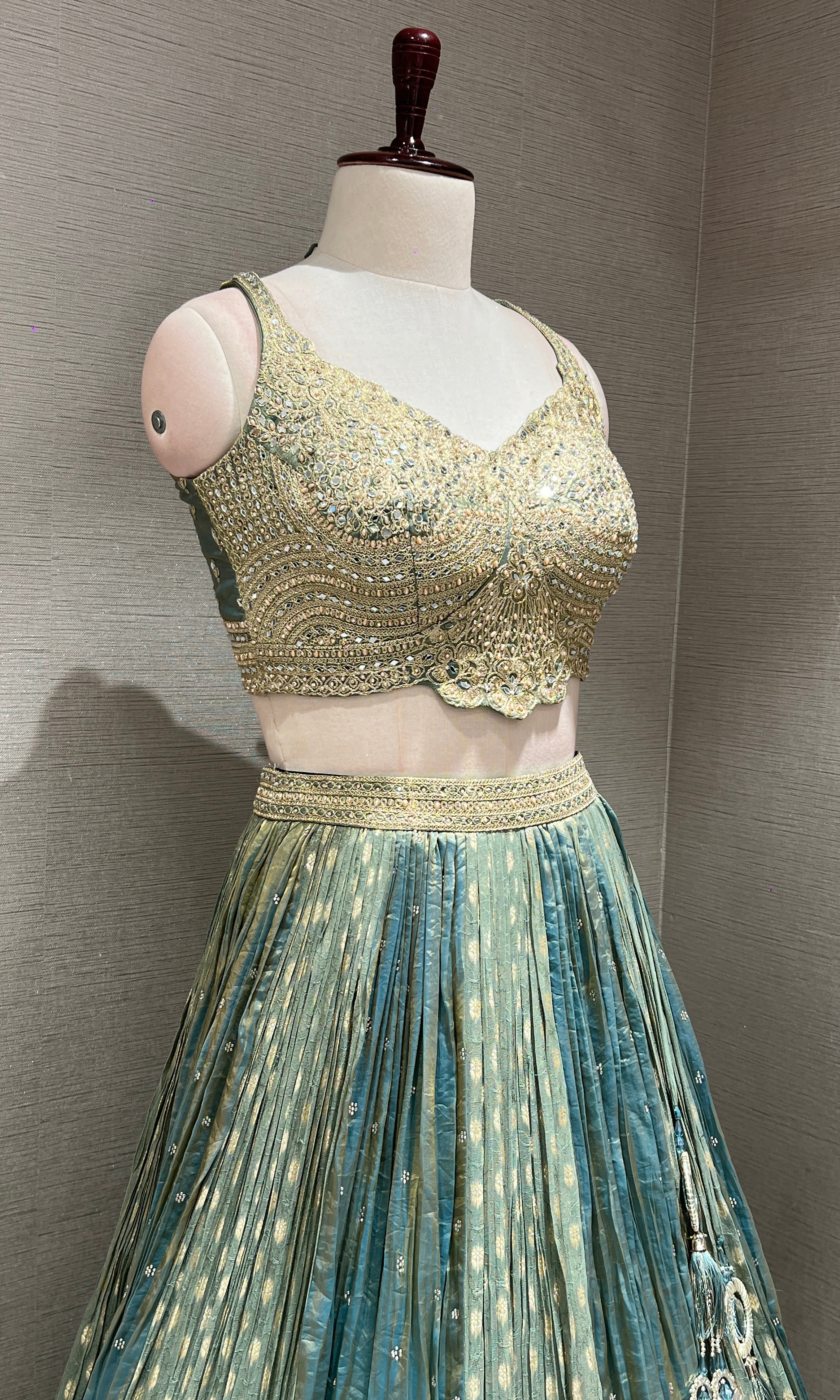 GREEN SILK GOLDEN EMBROIDERED LEHENGA
