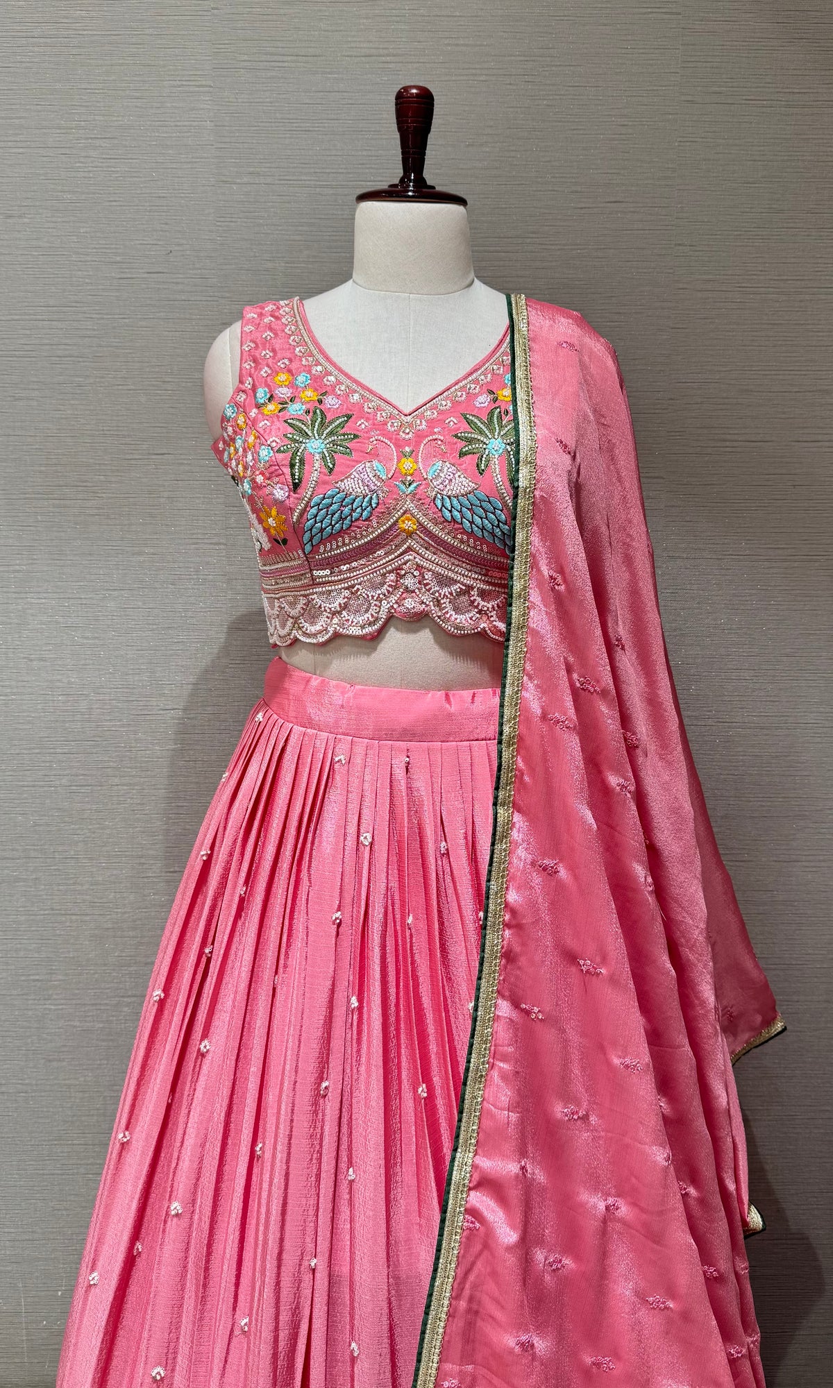 Light Pink Tissue silk Lehenga with Peacock & Floral Embroidery