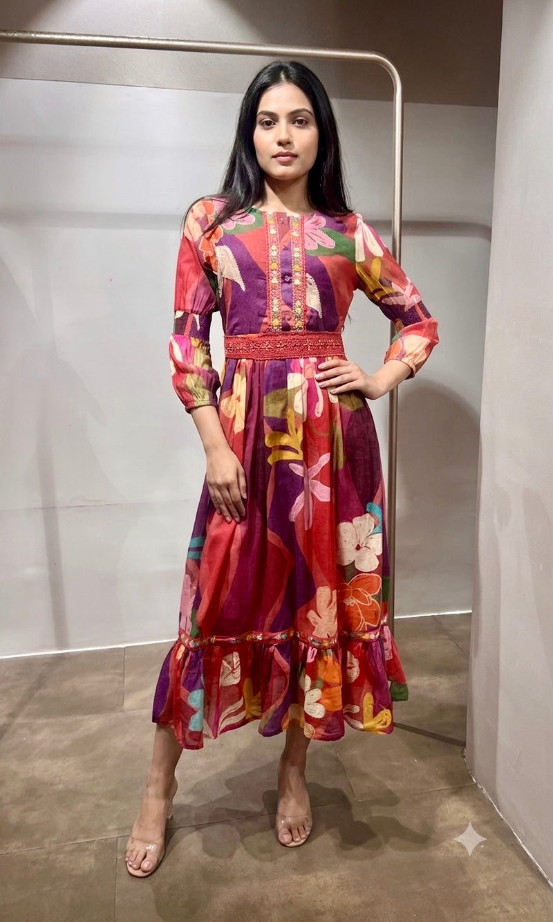 Rust Multi Abstract Print Long Sleeve Frock