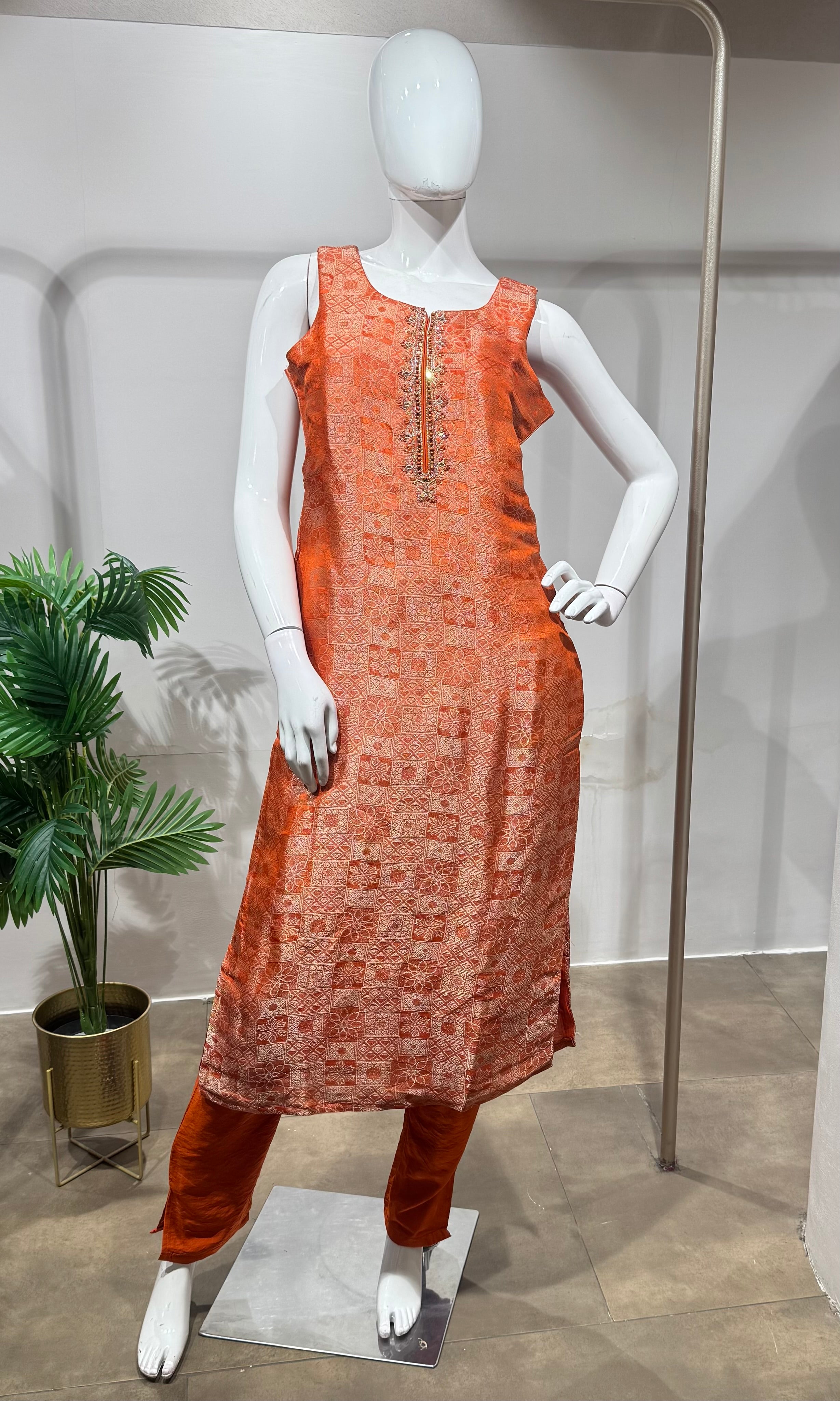 Orange banarasi silk kurta set