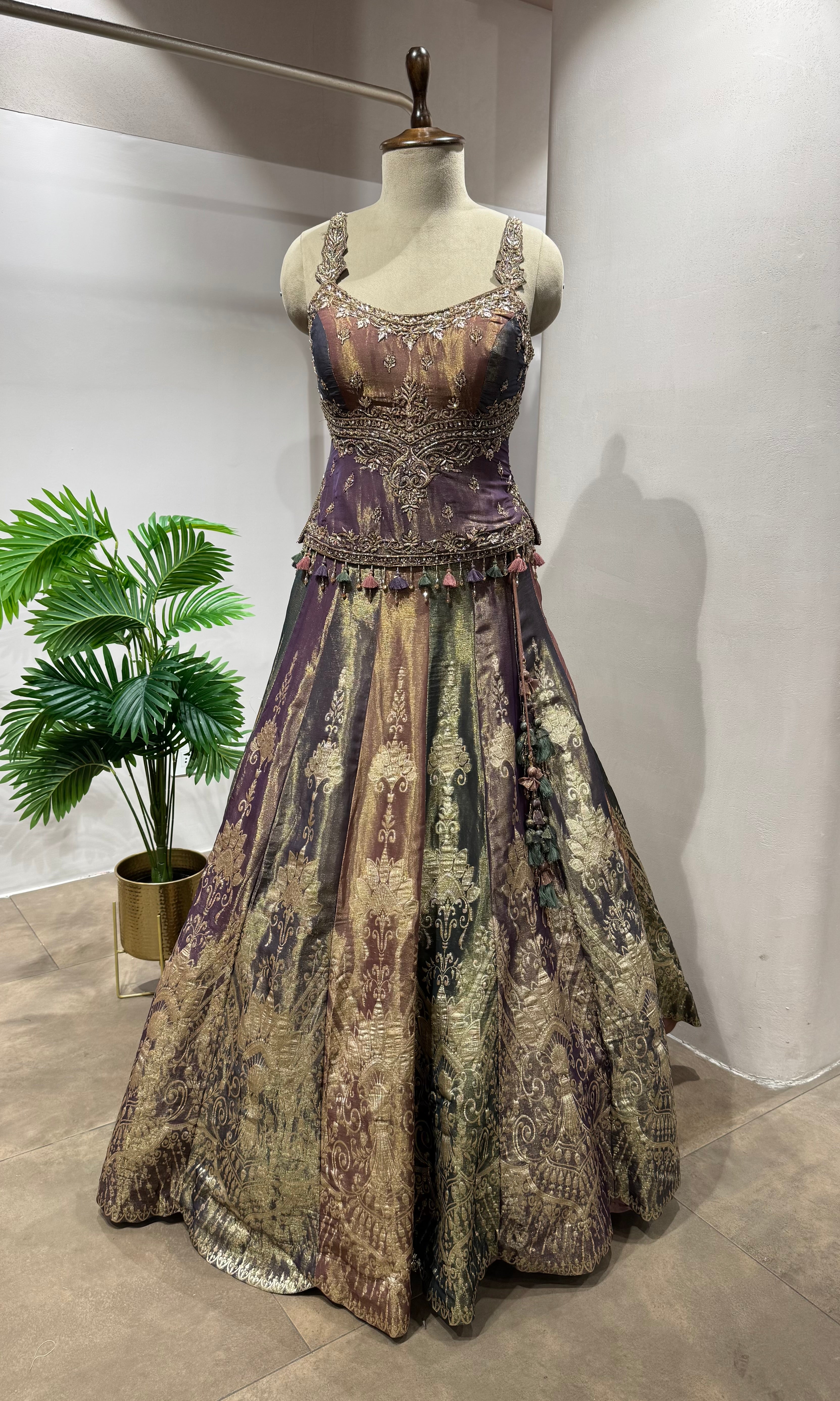 purple and gold embroidered lehenga