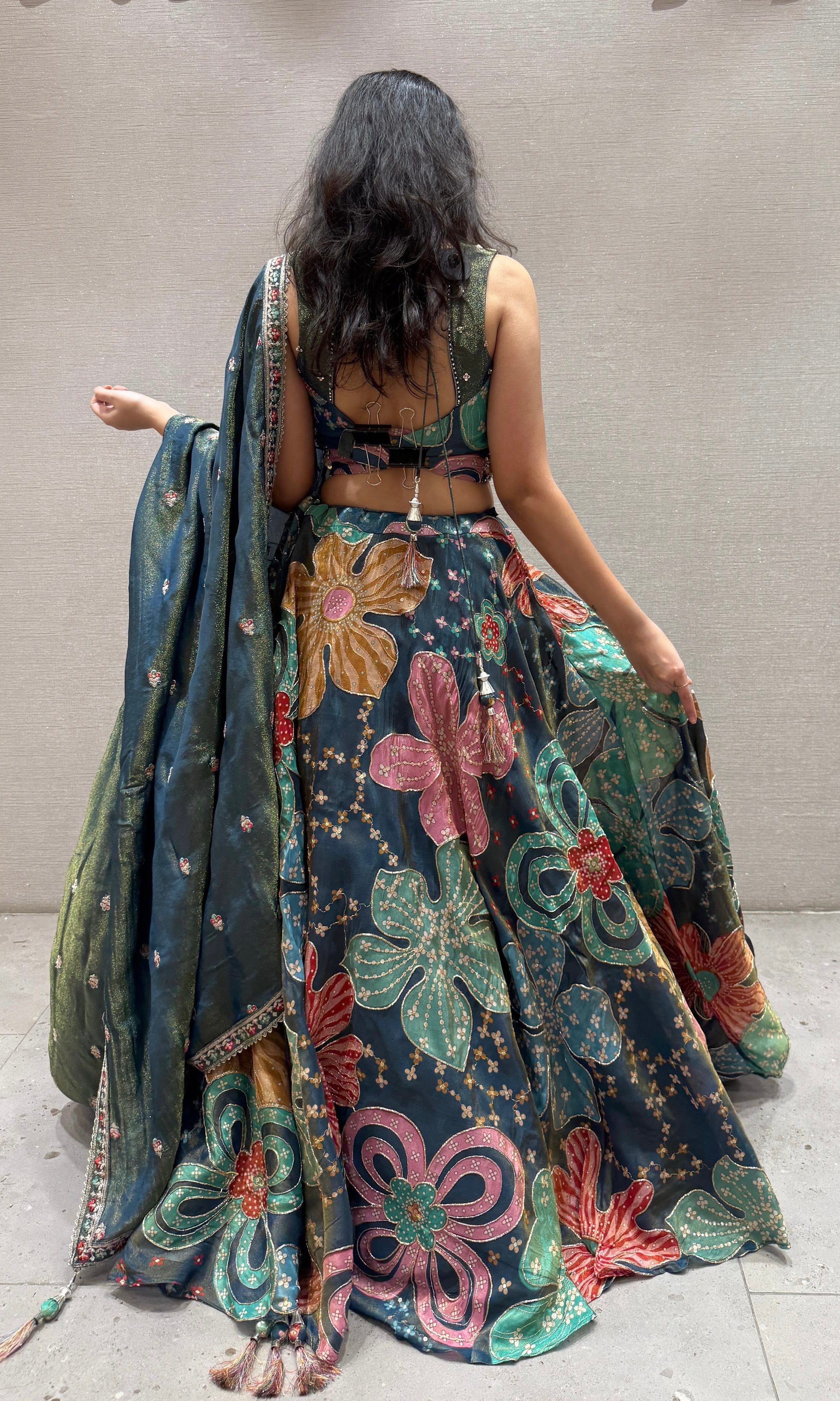 Teal Base Lehenga With Multicolour Floral Print