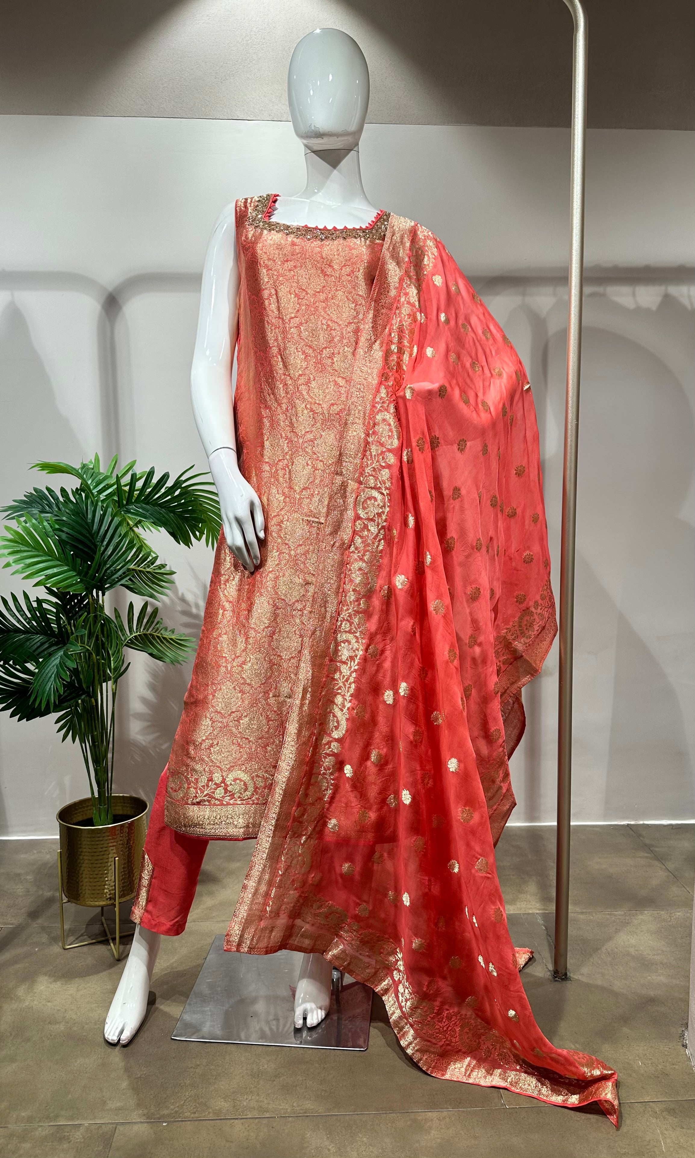 Peach Banarasi embroidered kurta set