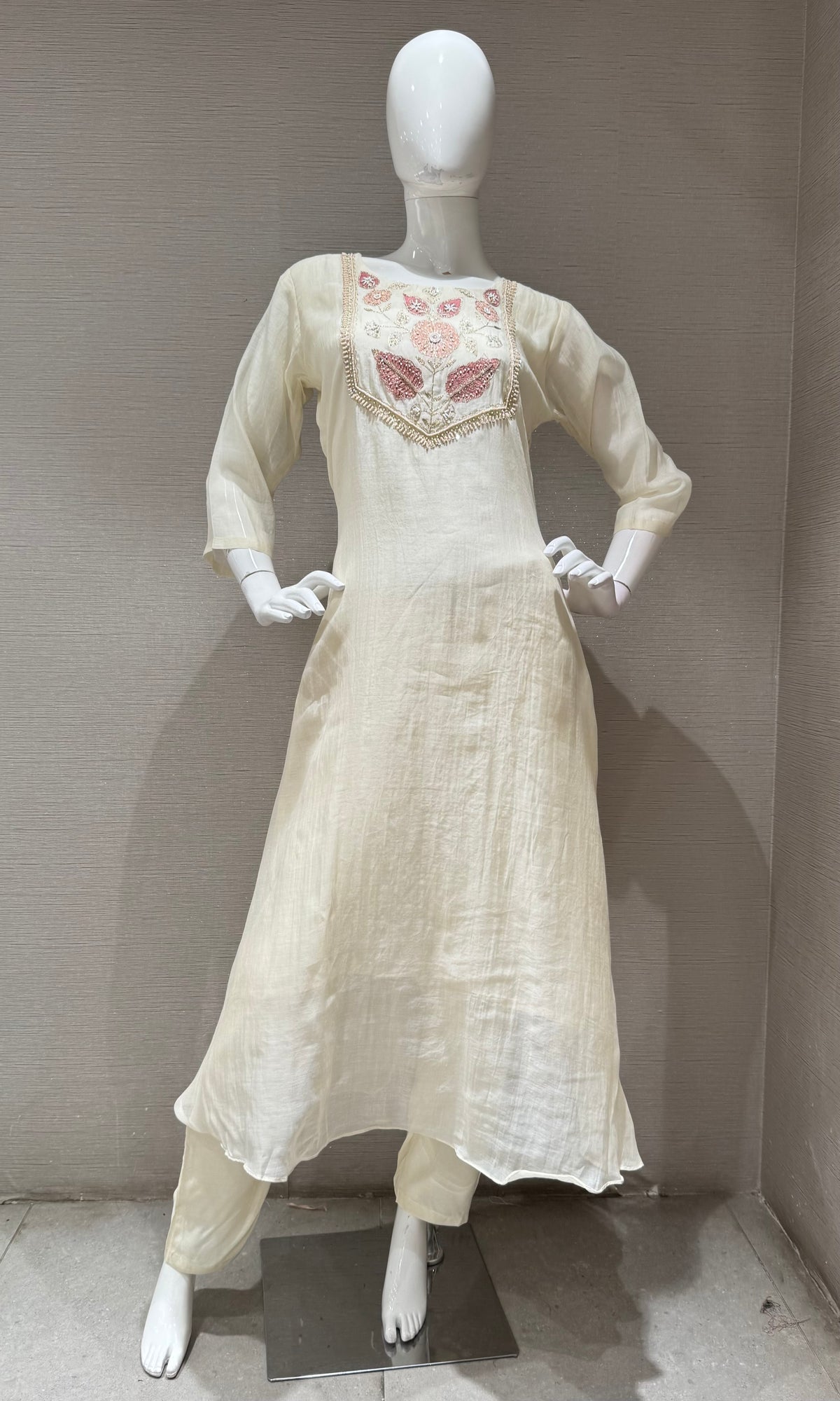 Half White Elegance Floral Embroidered Kurta Set