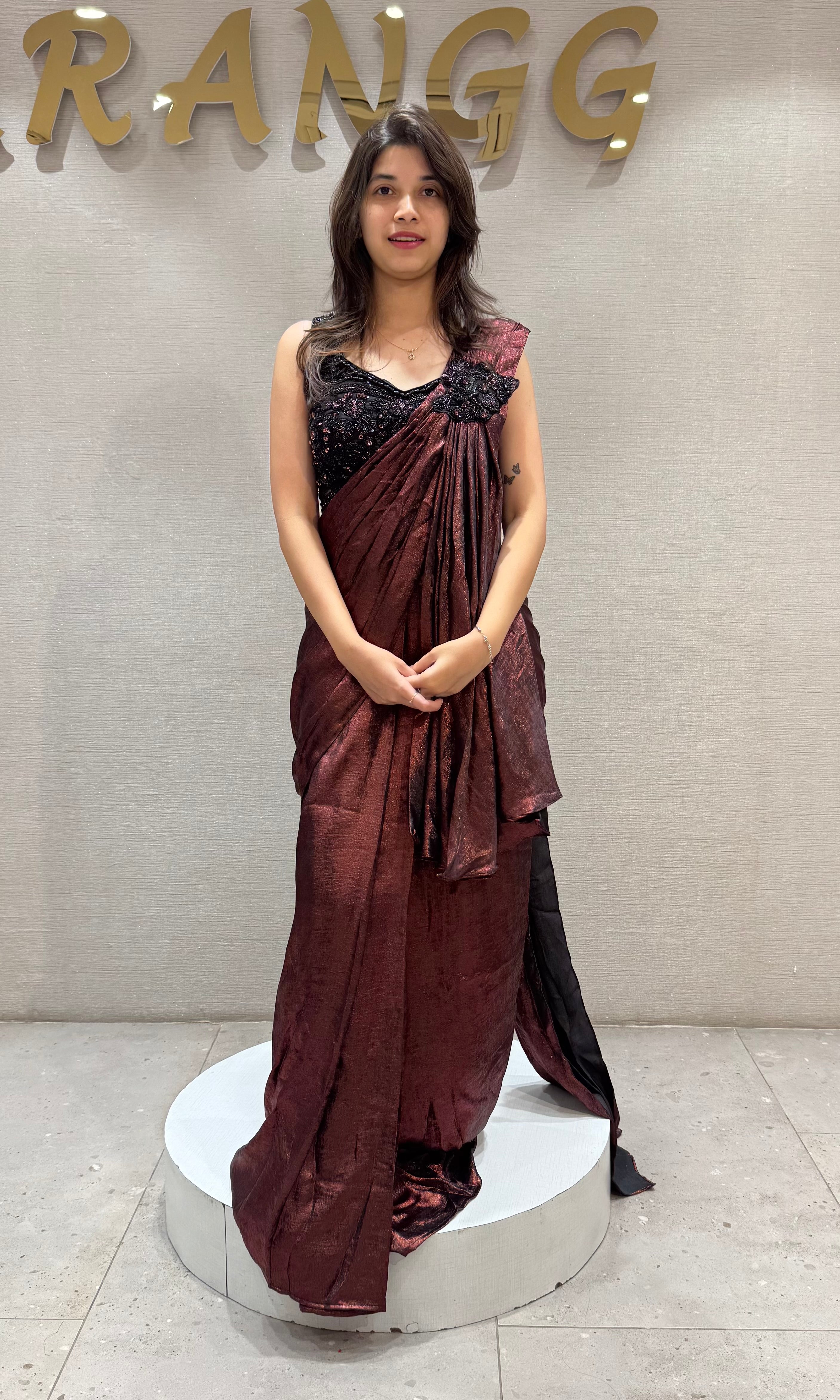 Maroon Crystal Embellished Draped Saree