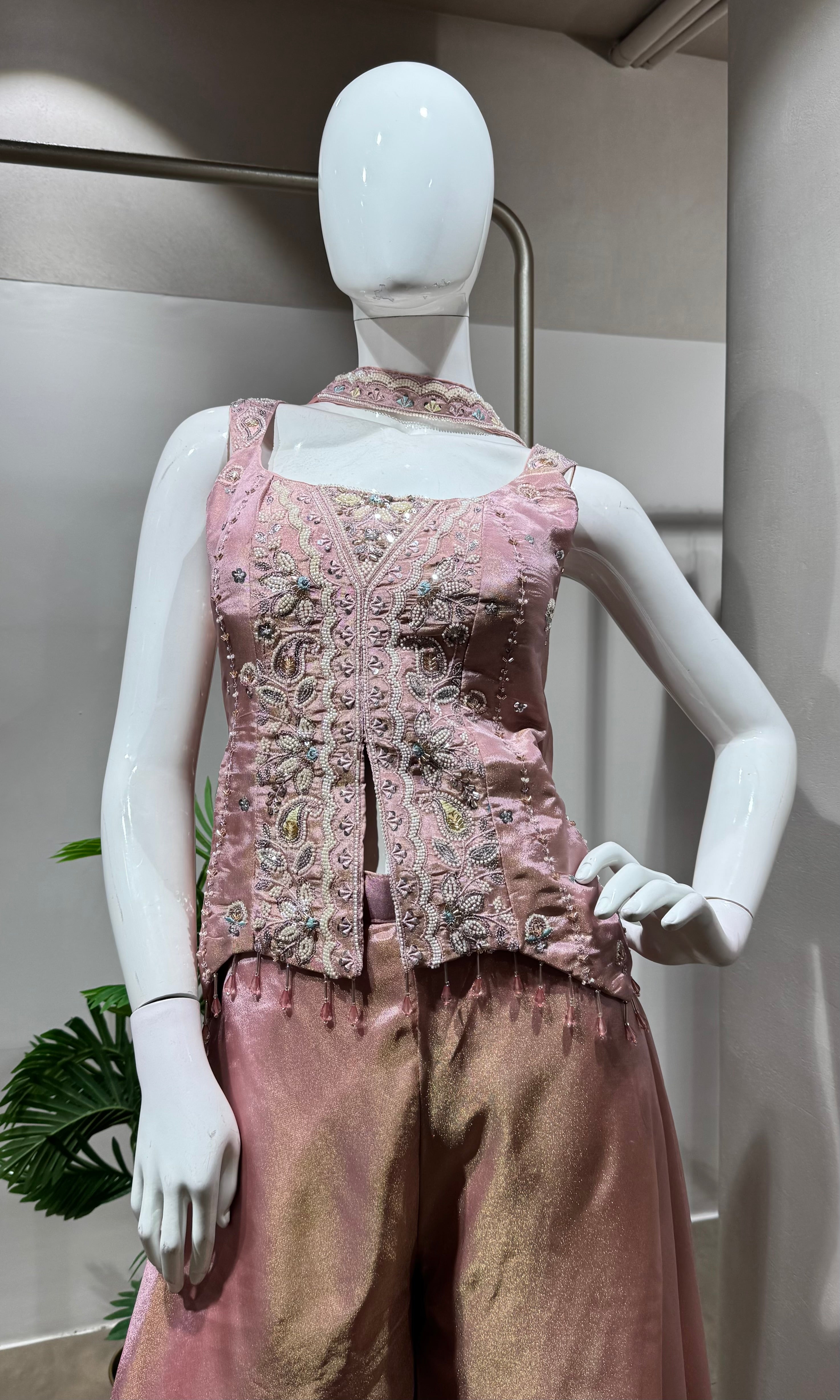 pink shimmer tissue short blouse palazzo set