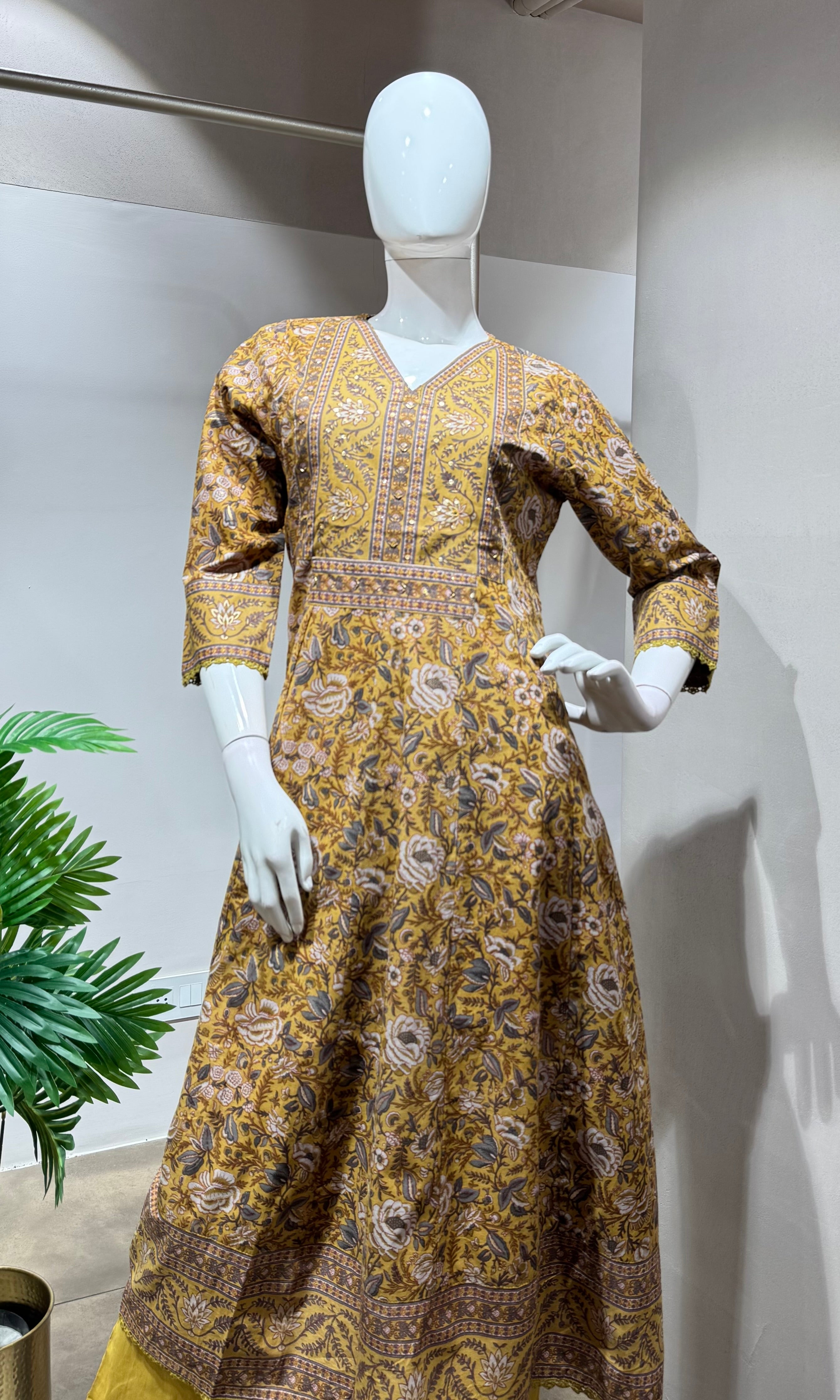 Mustard yellow jaipuri style cotton kurta set