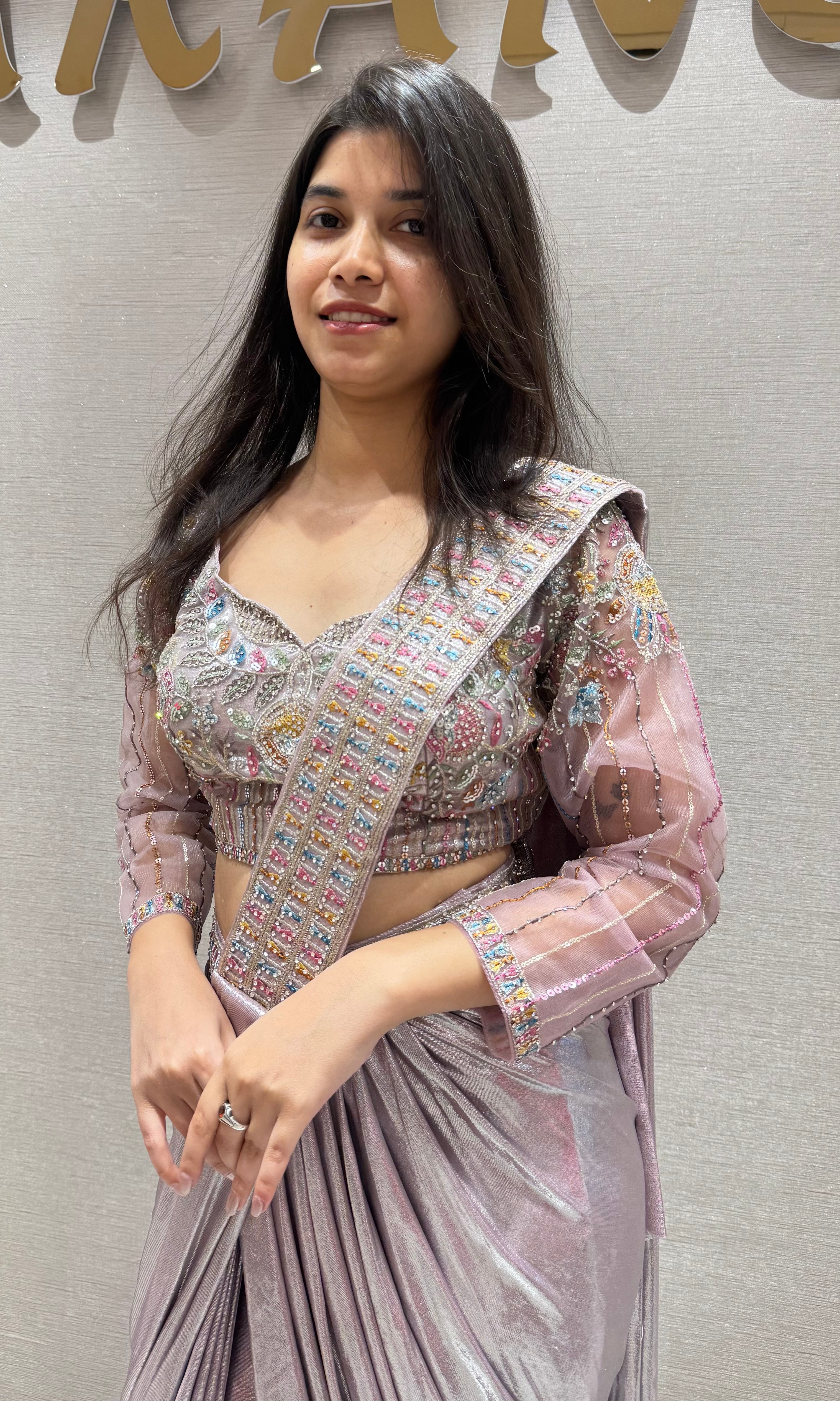 Peach Pre-Draped Metallic Shimmer Saree