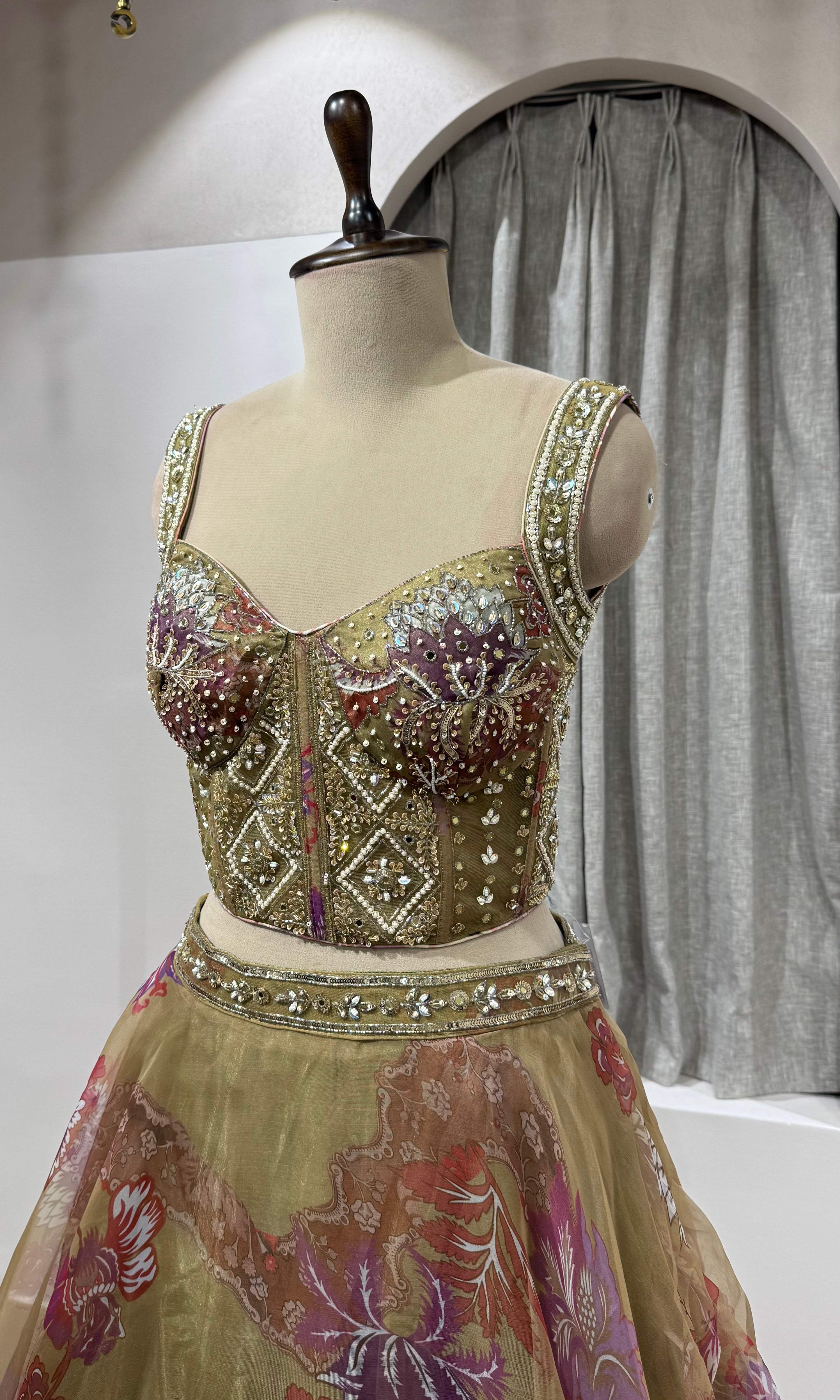 GREEN Floral Printed Corset Lehenga