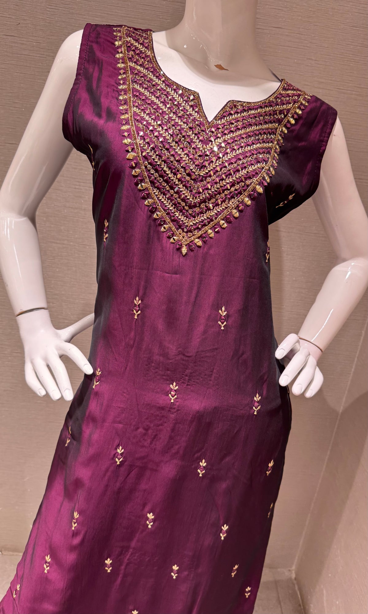 Wine Golden Silk Embroidered Kurta Set