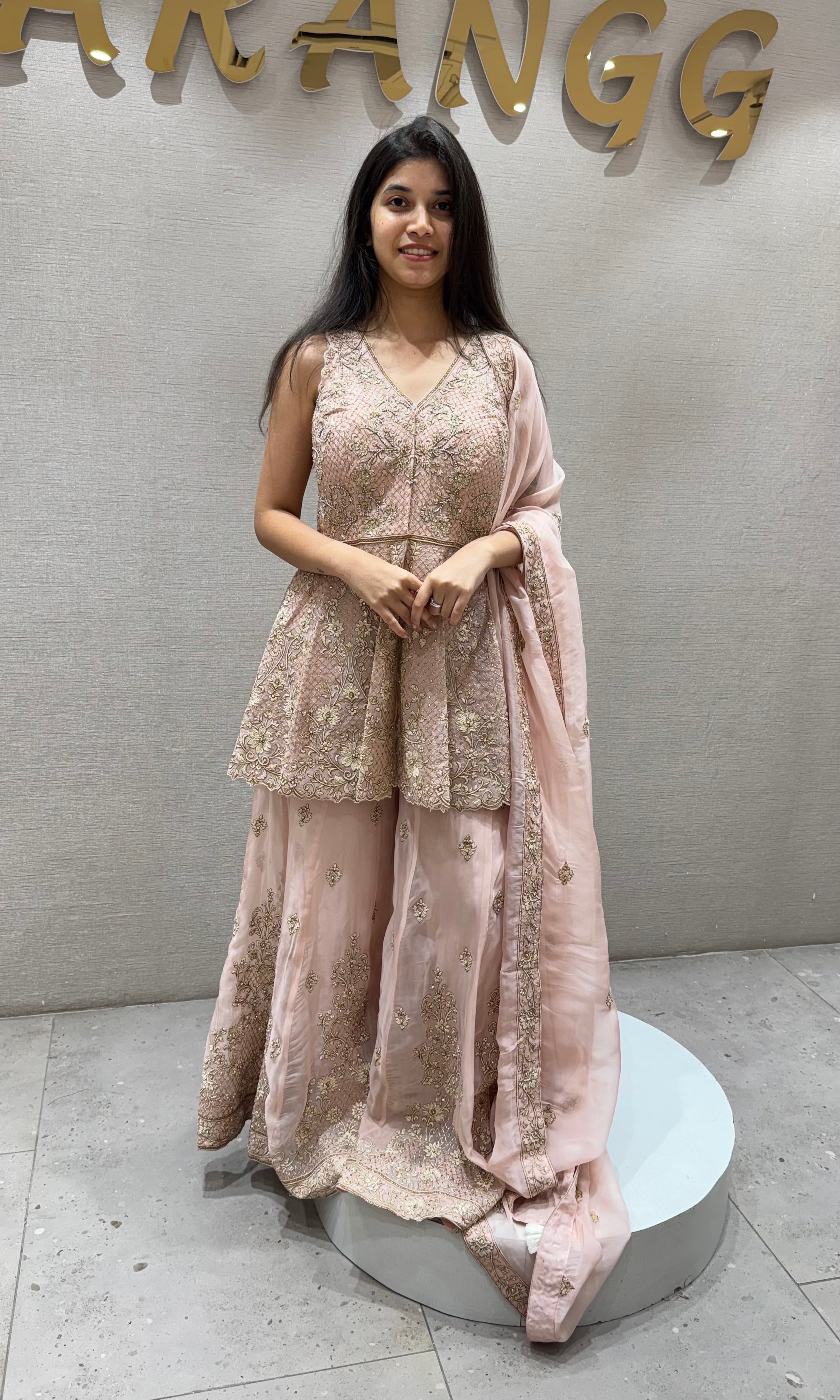 PEACH Embroidered Peplum PALAZZO Set