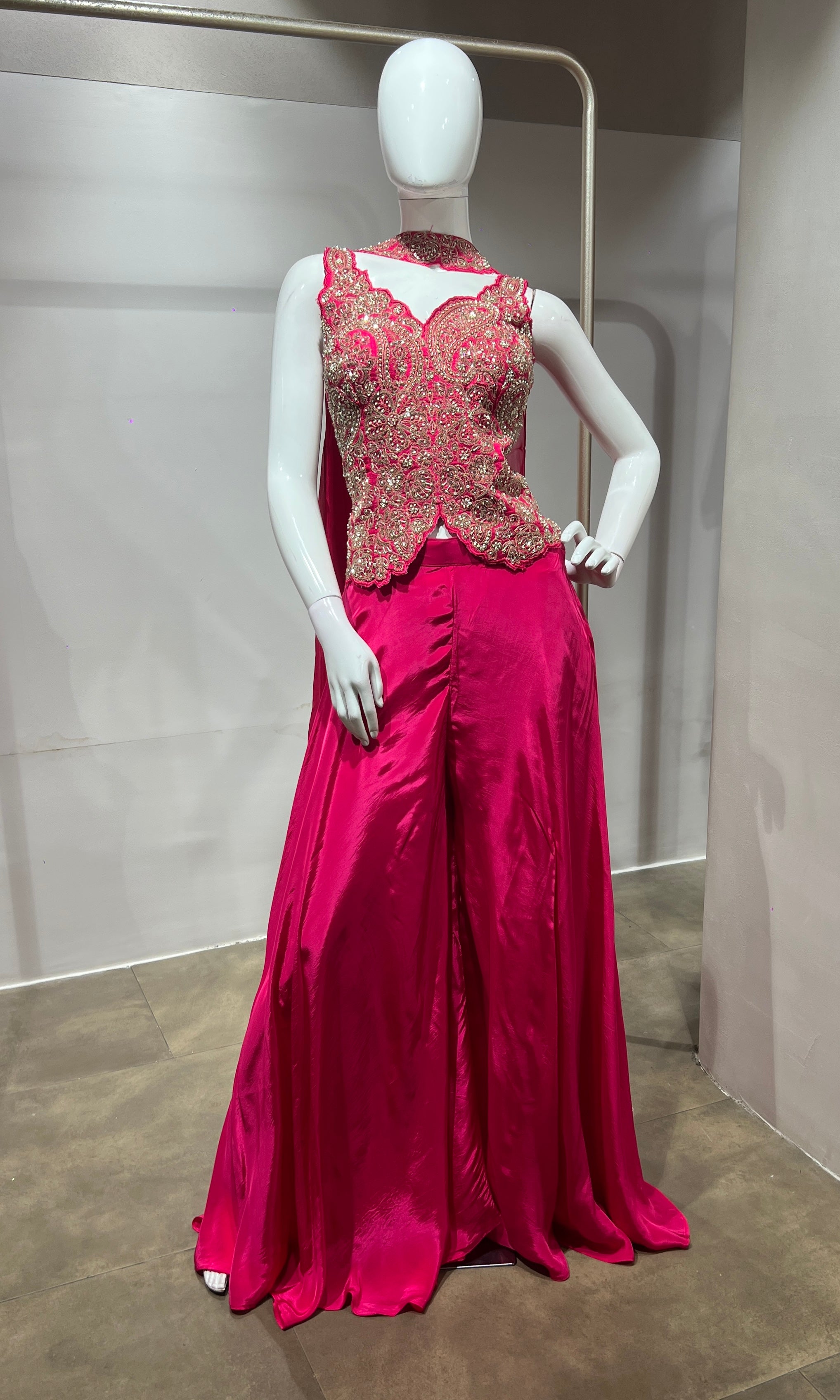 Pink embroidered corset style palazzo set