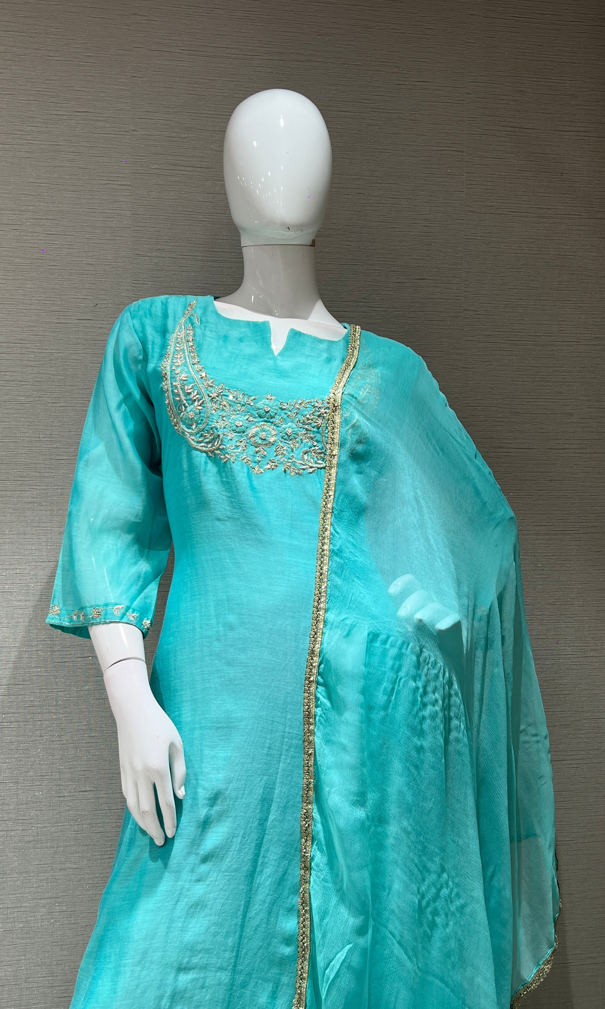Sea green MUL CHANDERI  KURTA SET