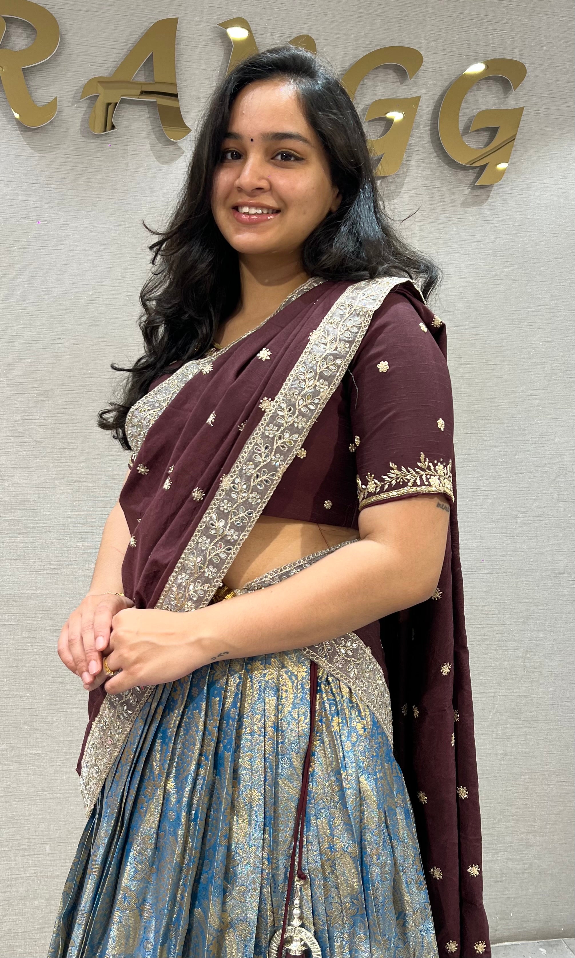 Brown BLUE BANARASI PATTU LEHENGA WITH EMBROIDERED BLOUSE