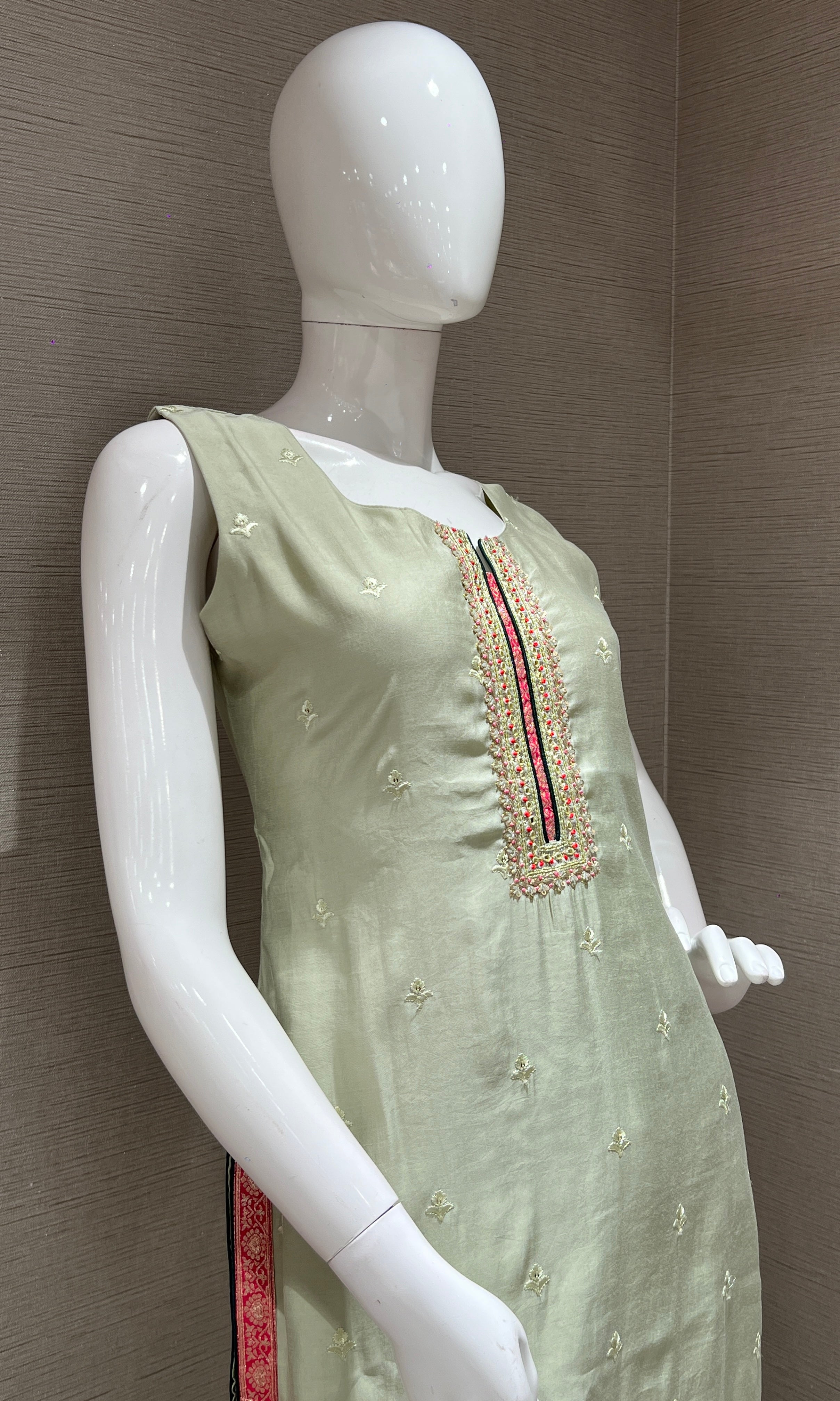 Pista Green Embroidered Kurta Set with Contrast Pink Dupatta