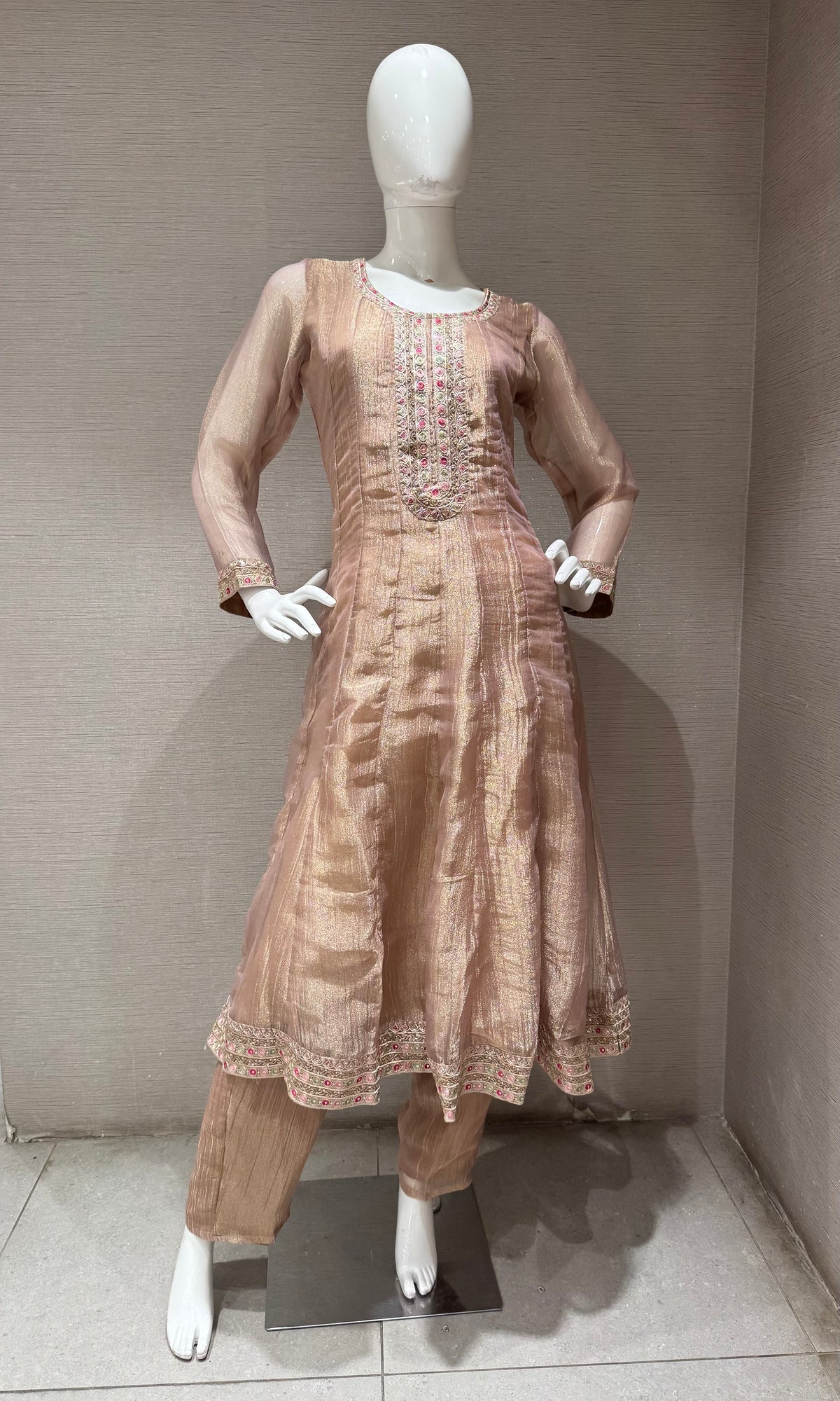 PEACH EMBROIDERED TISSUE ANARKALI SET WITH FLORAL DUPATTA