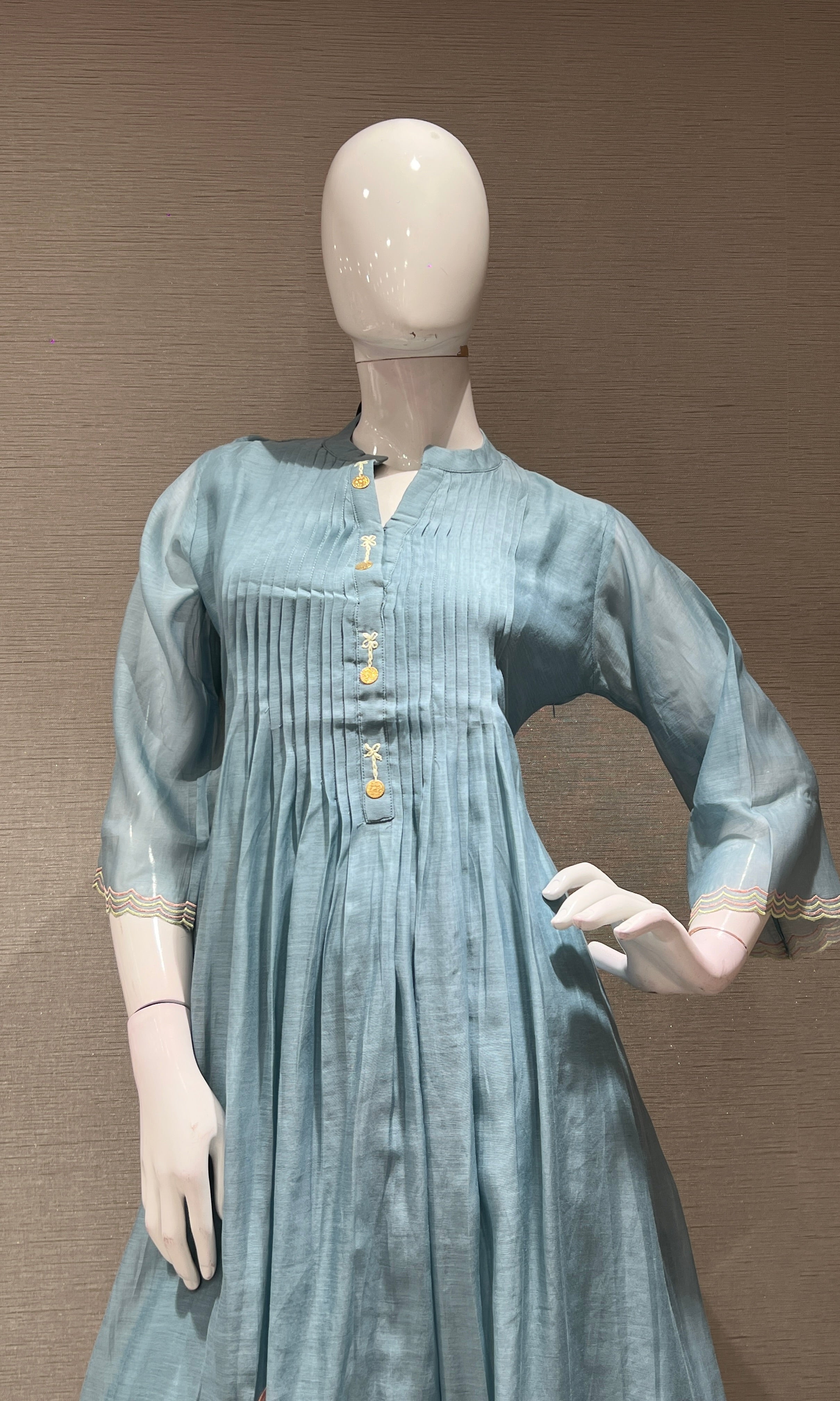 LIGHT blue FLORAL MUL CHANDERI KURTA SET