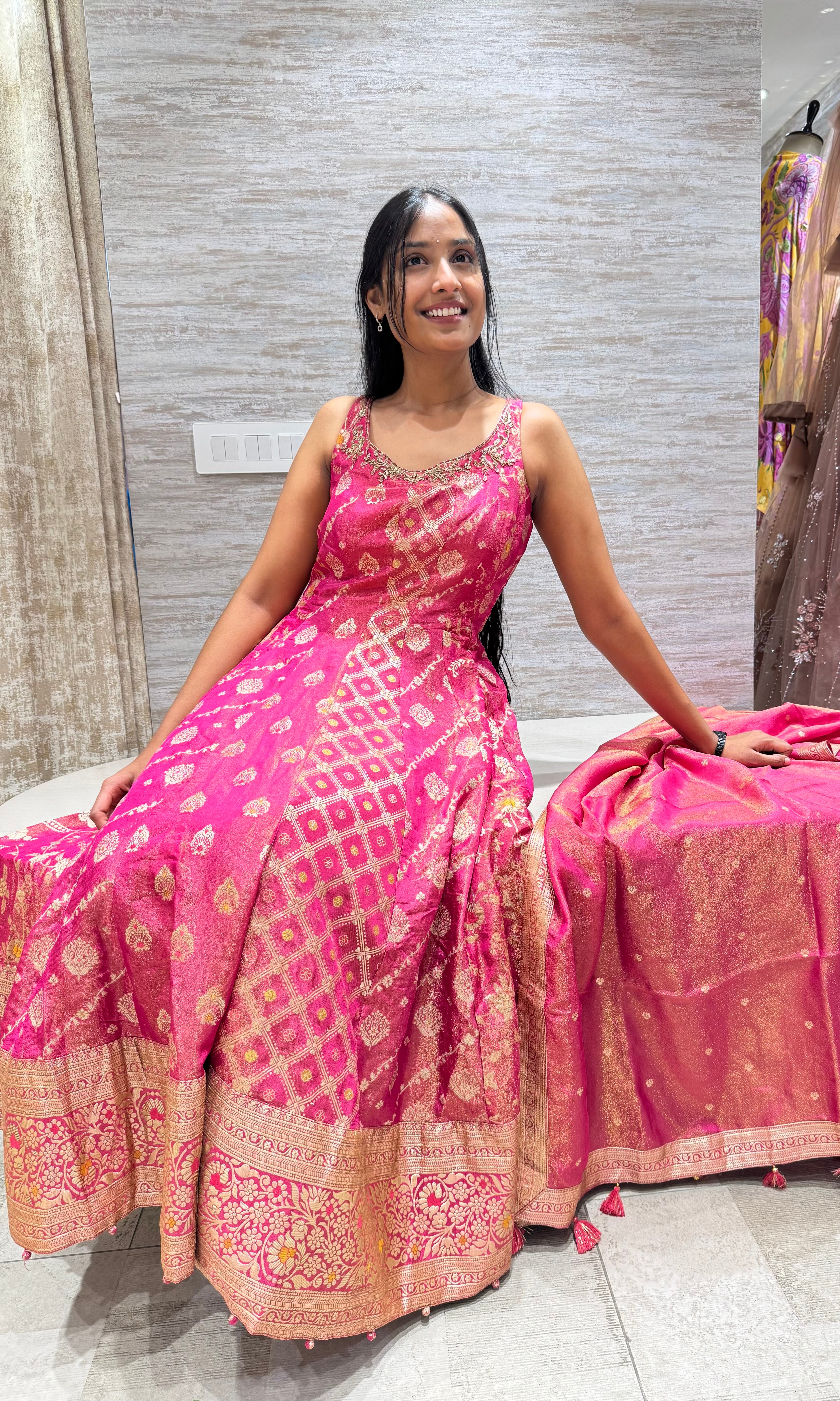 pink banarasi anarkali sharara set