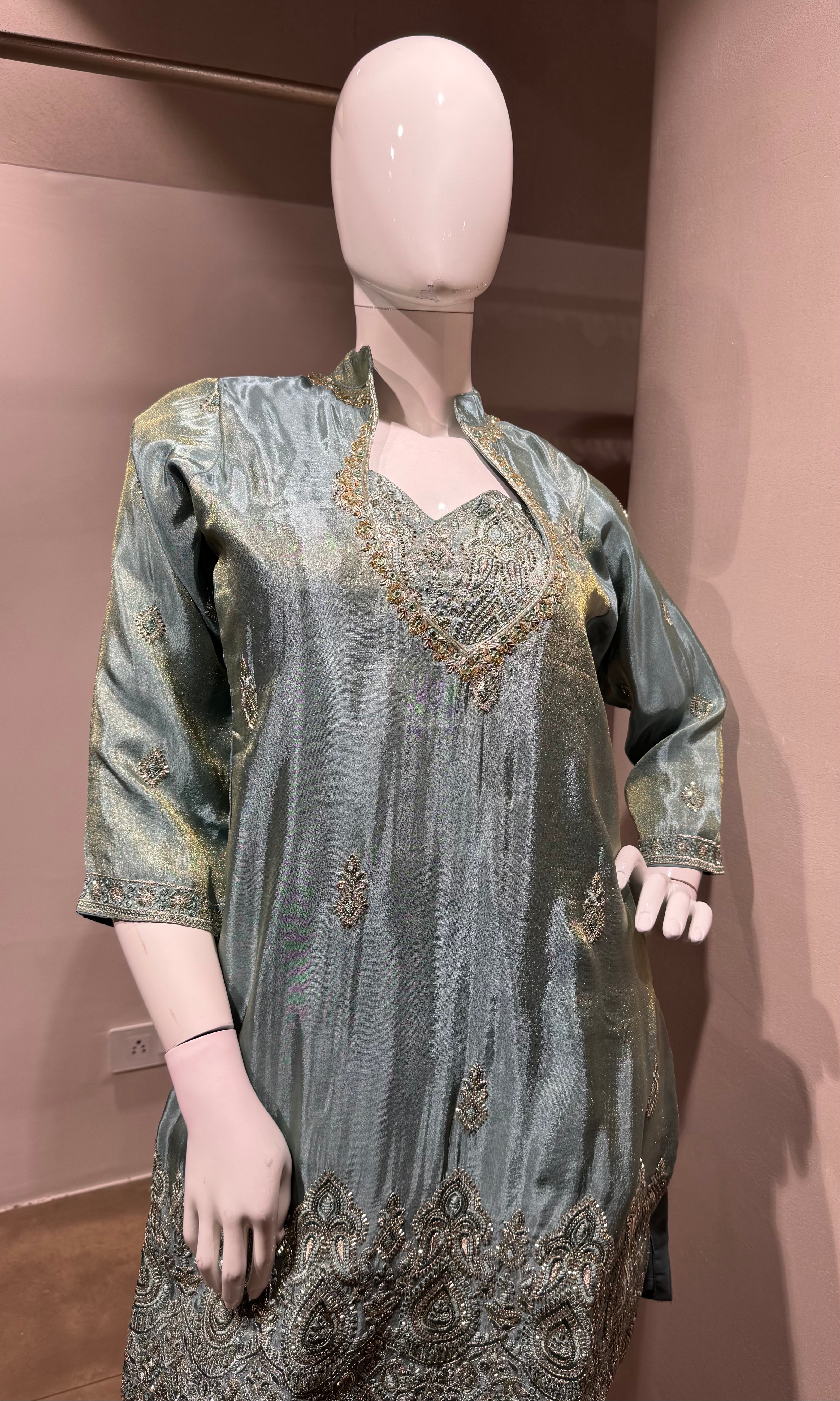 GREEN SHIMMER TISSUE SALWAR WITH FARSI PANTS