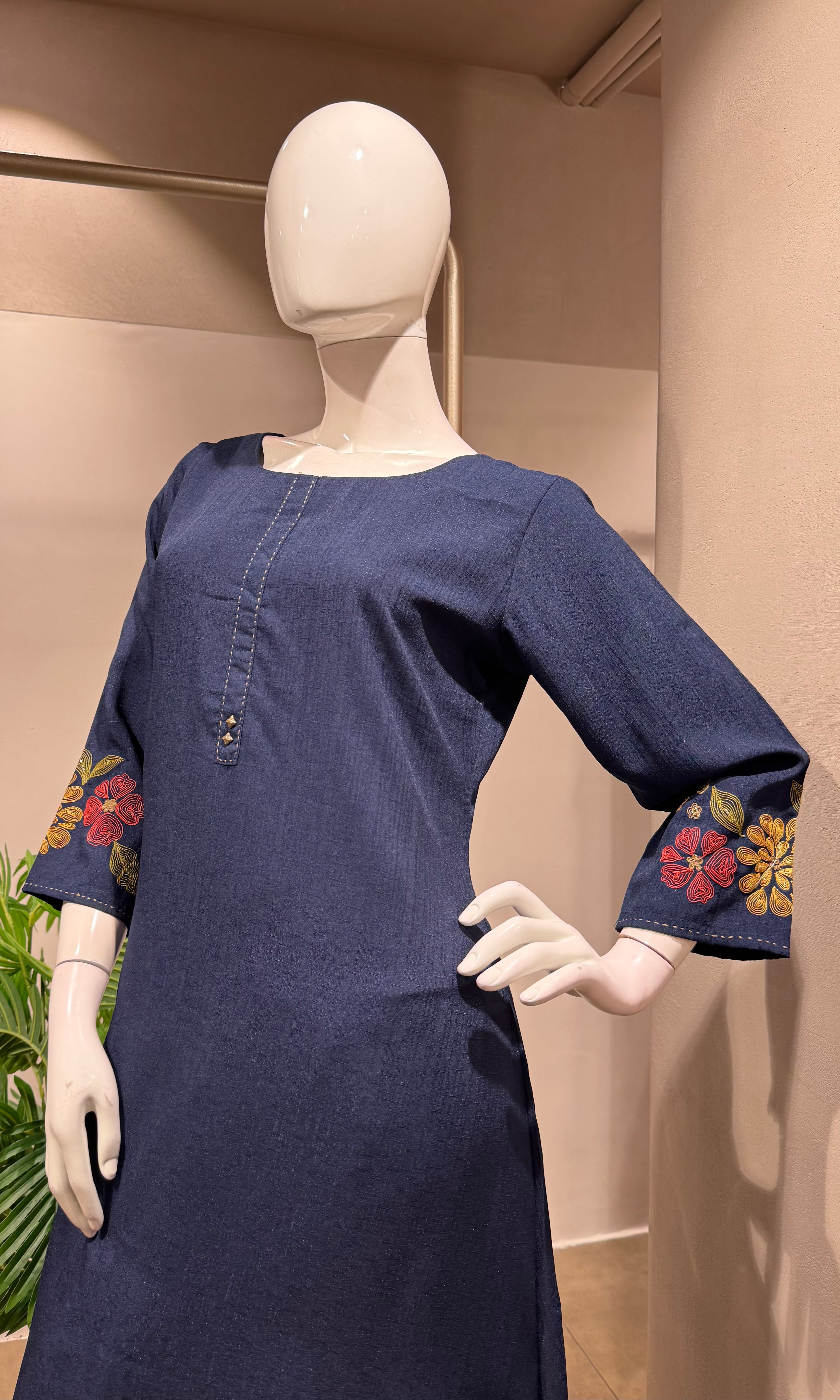 BLUE Floral Embroidery KURTI WITH BOTTOM