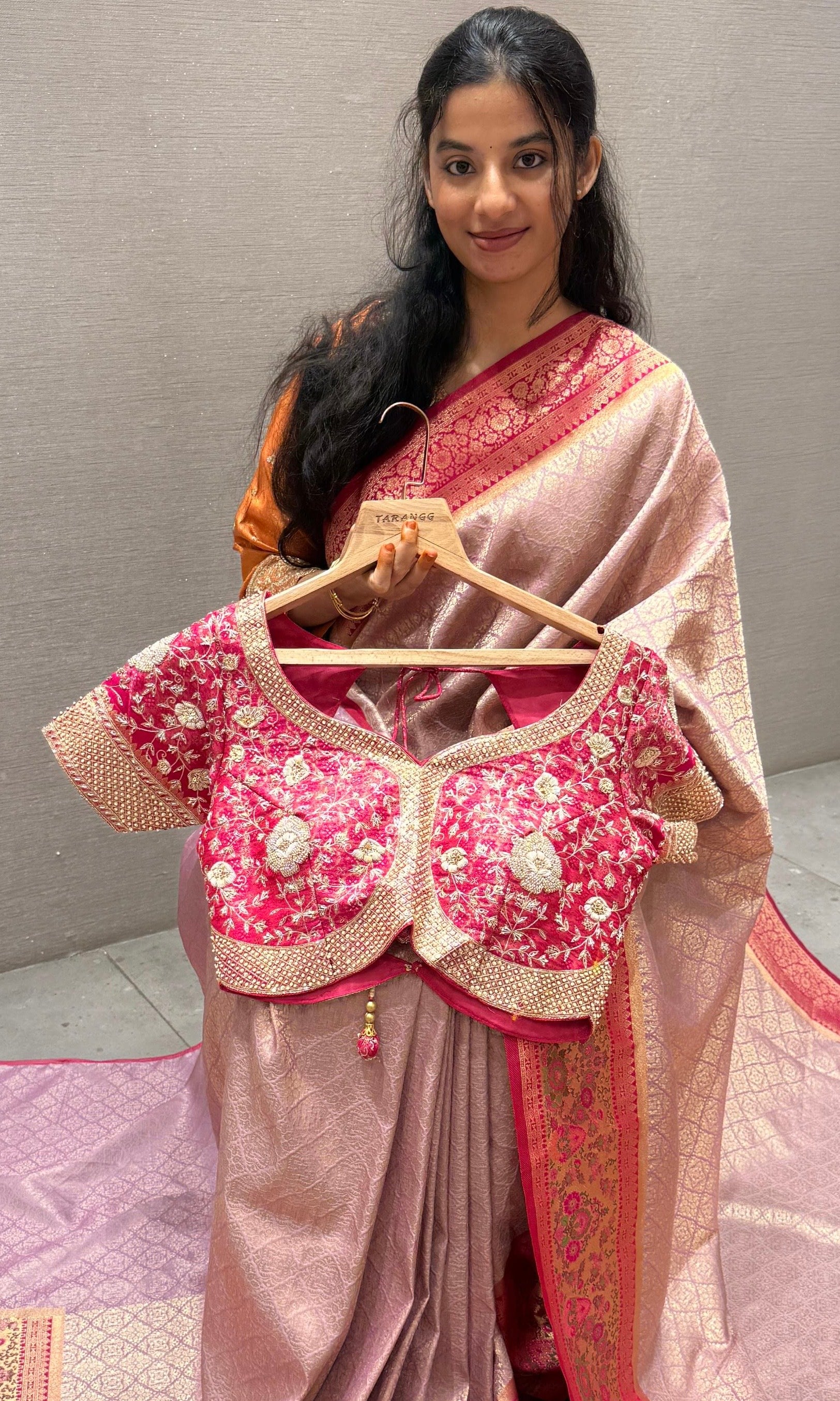 Pink saree with ready blouse