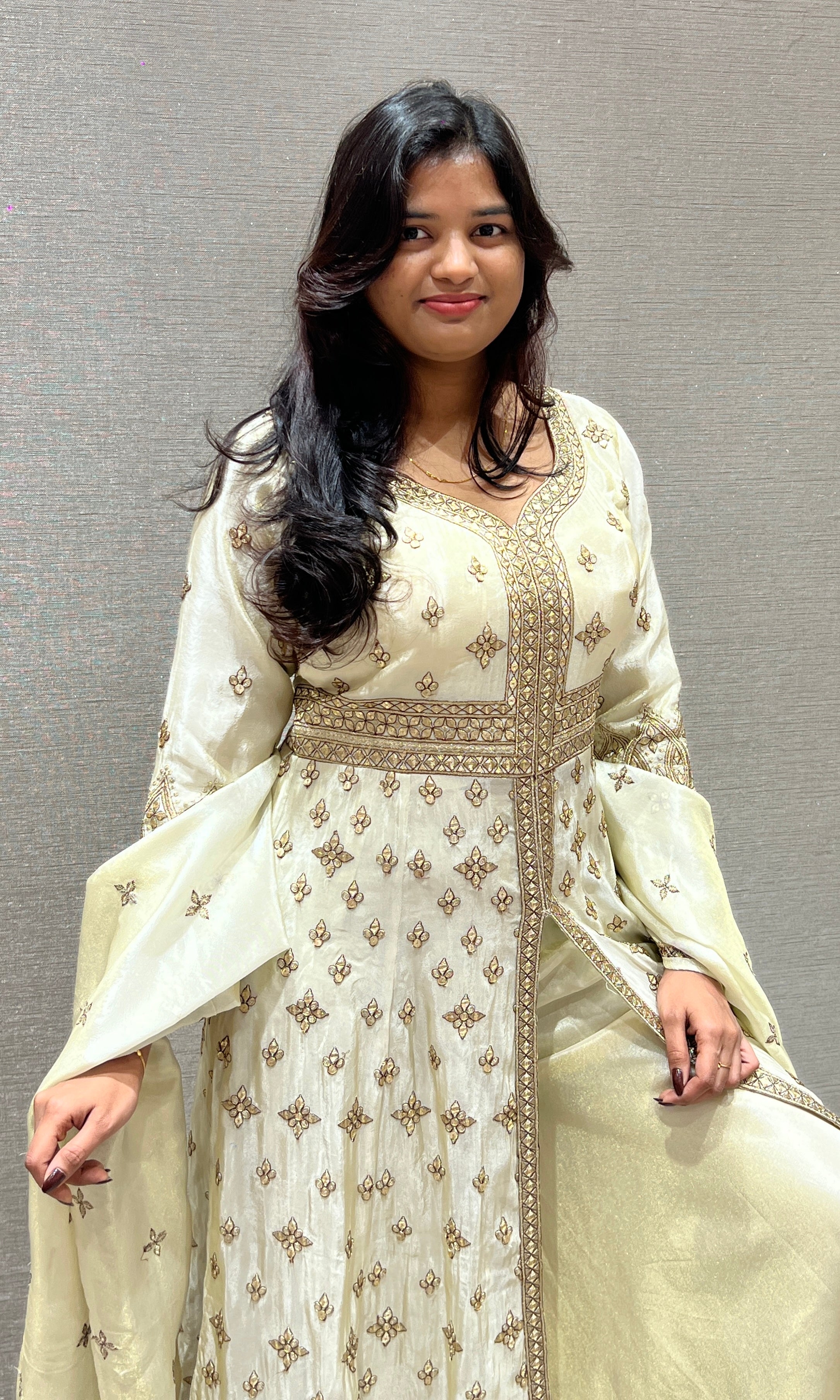 Cream and Gold Anarkali Long Gown