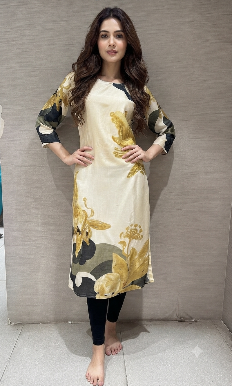 Cream Floral Printed Tunic Kurti top