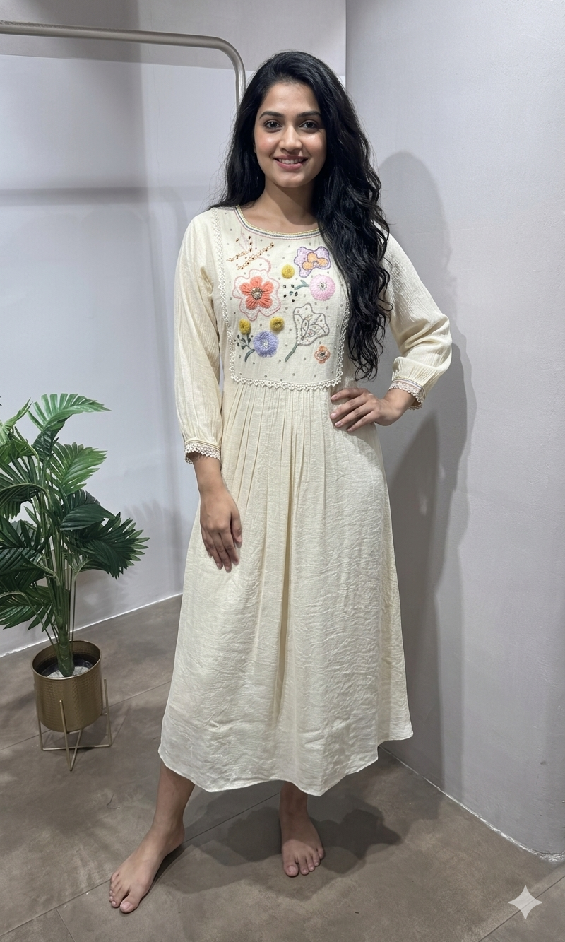 cream Floral Embroidered A-Line dress