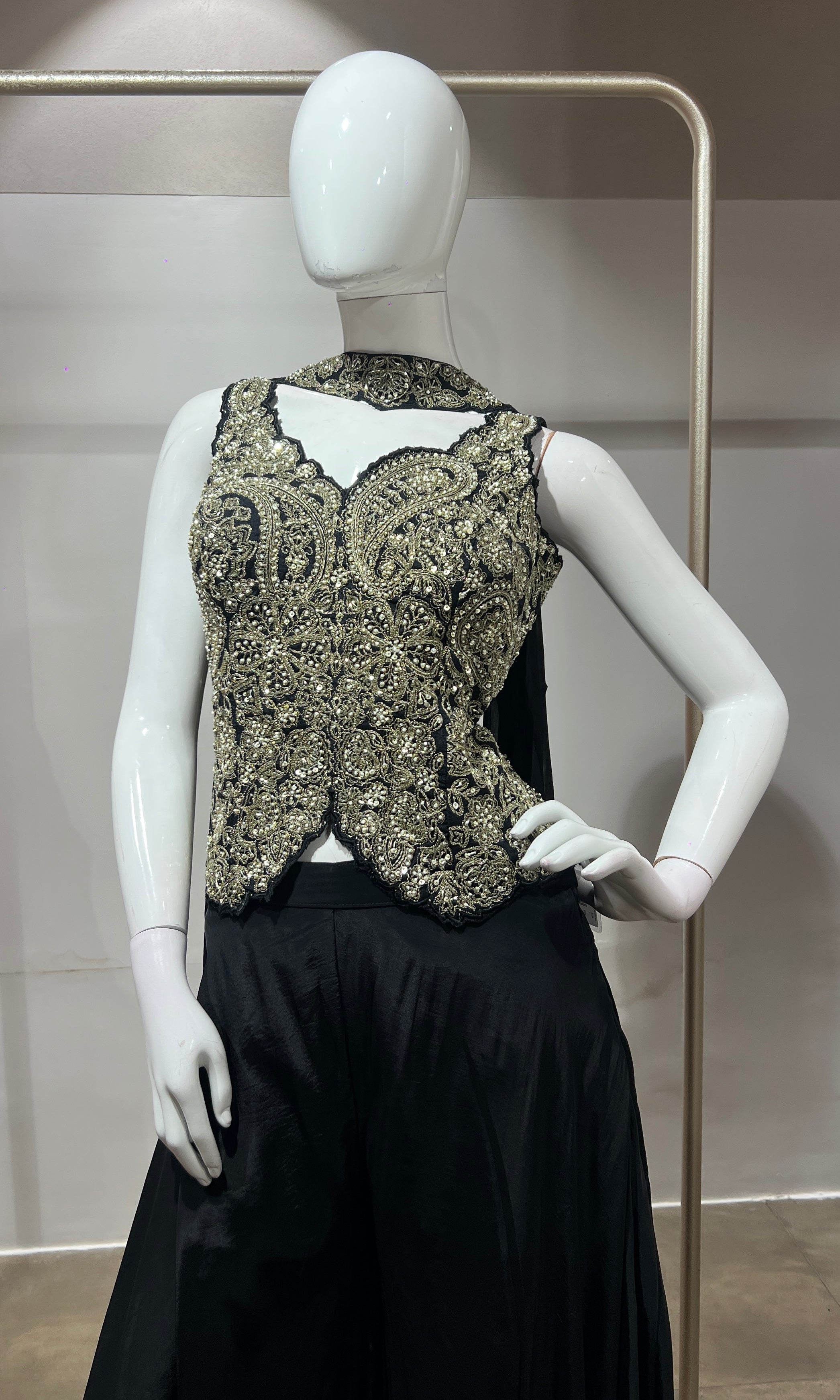 Black embroidered corset style palazzo set