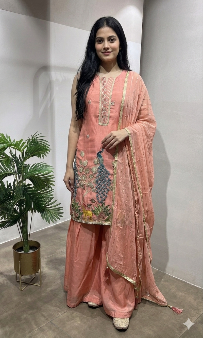 Peach Peacock Embroidered Palazzo SET