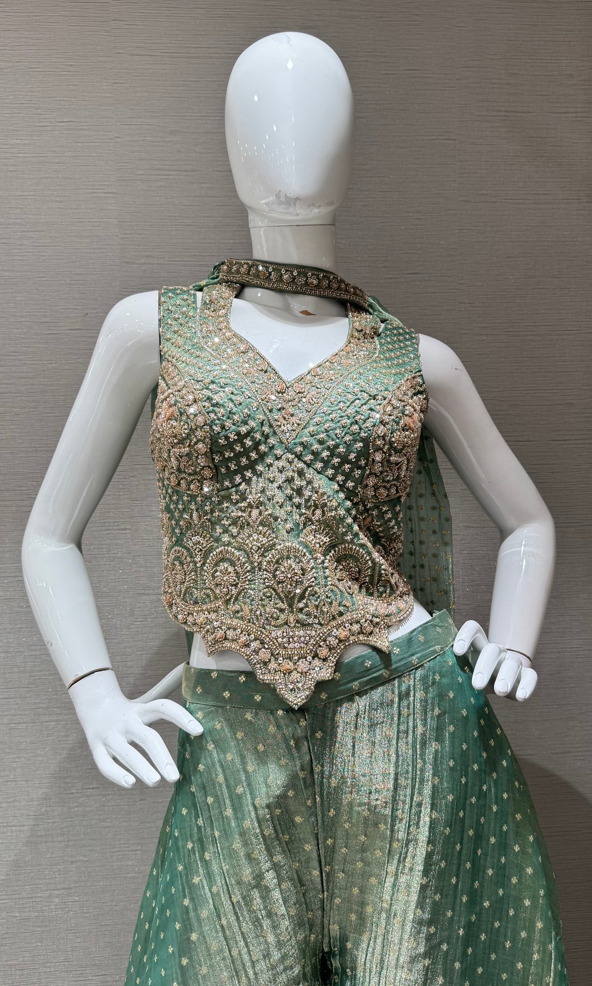 Mint Sage Zari Embroidered tissue silk Palazzo set