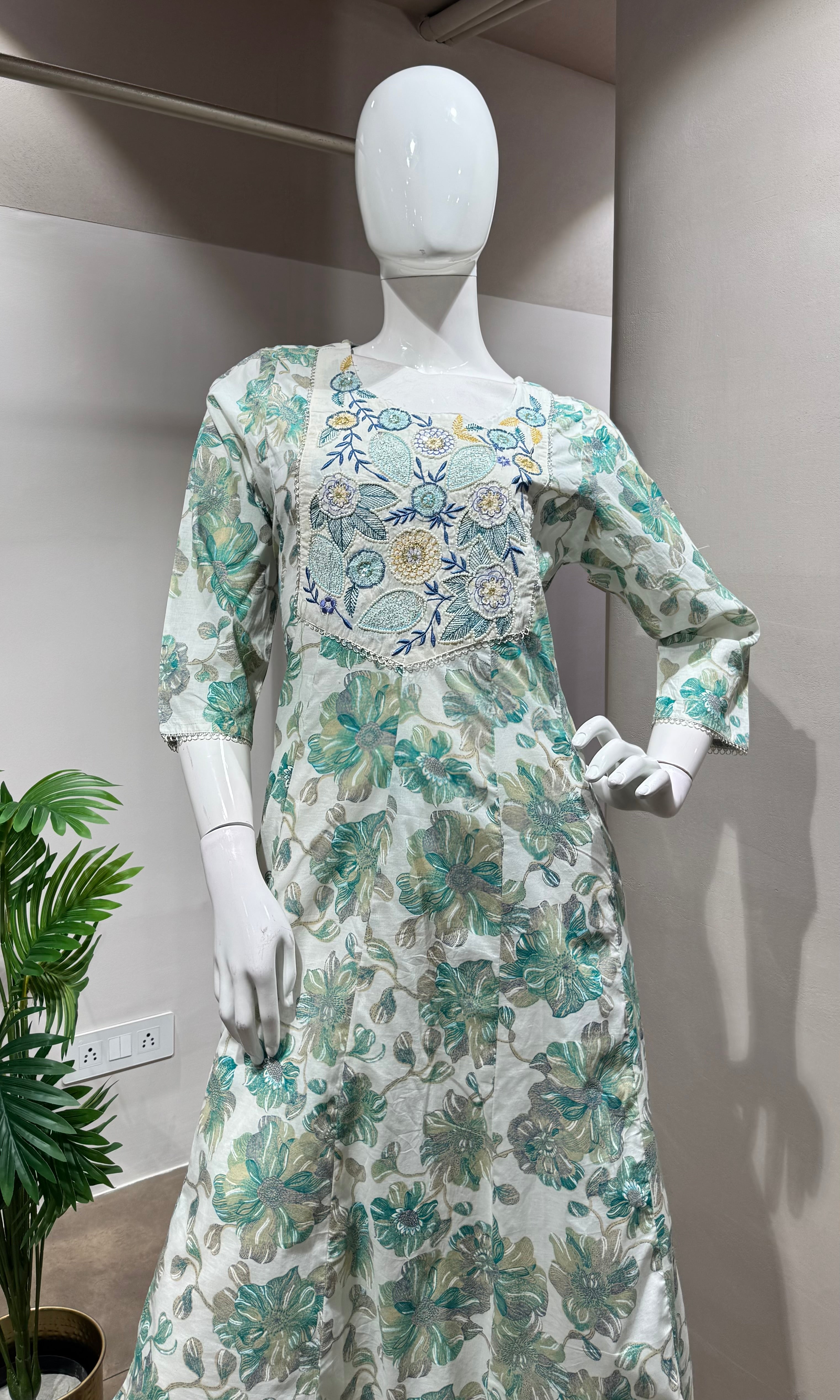 SEA BLUE FLORAL PRINTED EMBROIDERED KURTA SET